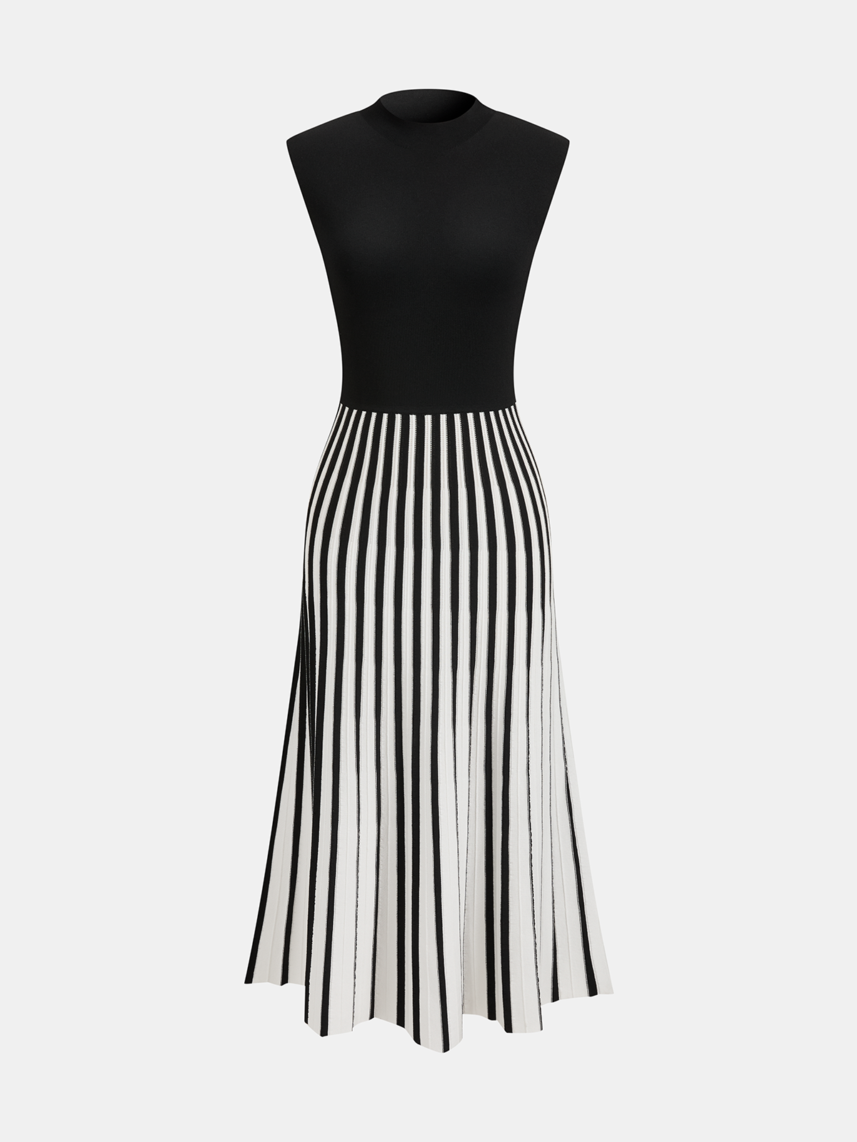 Fitted black bodice dress with flared striped skirt, mock neck, sleeveless, stretch-knit fabric.