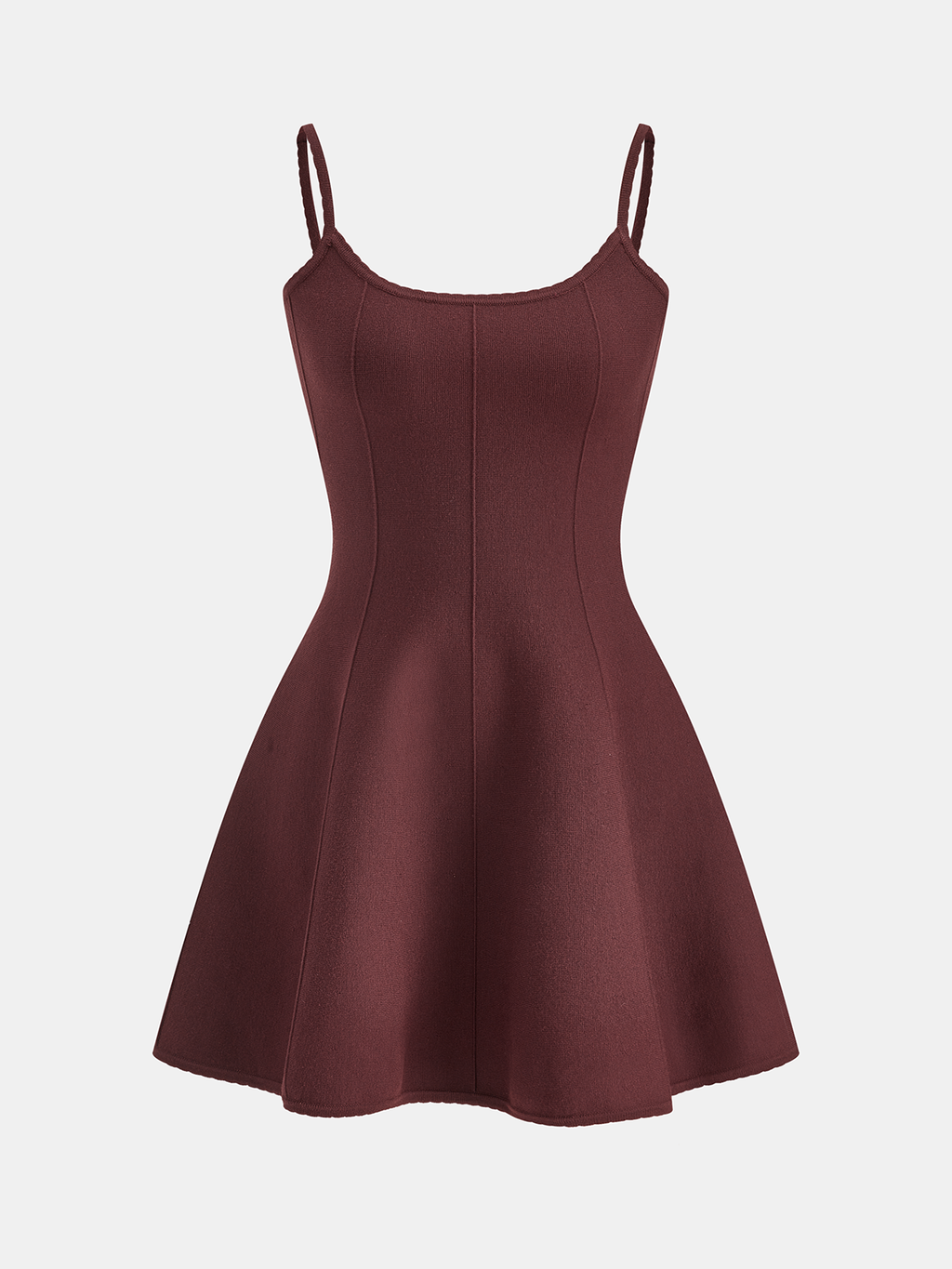 Maroon knit camisole mini dress with high stretch, thin straps, fitted bodice, flared skirt.