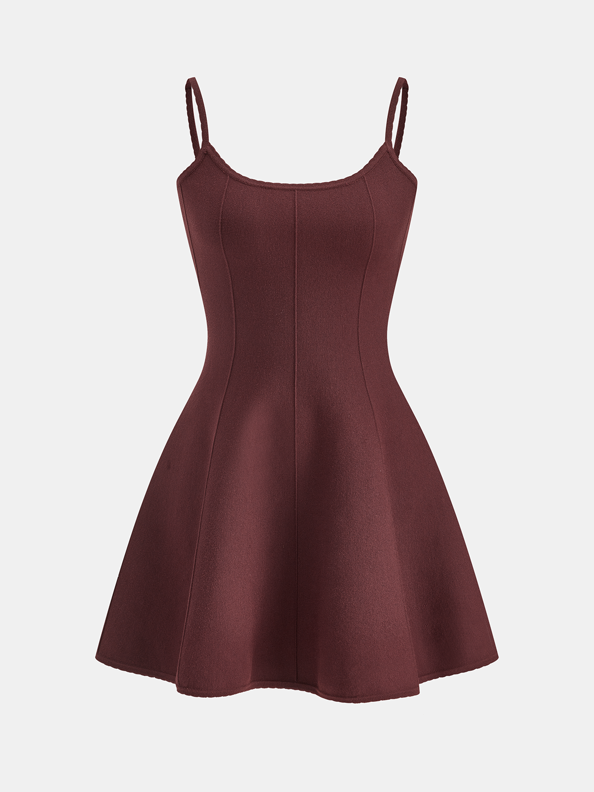 Maroon knit camisole mini dress with high stretch, thin straps, fitted bodice, flared skirt.