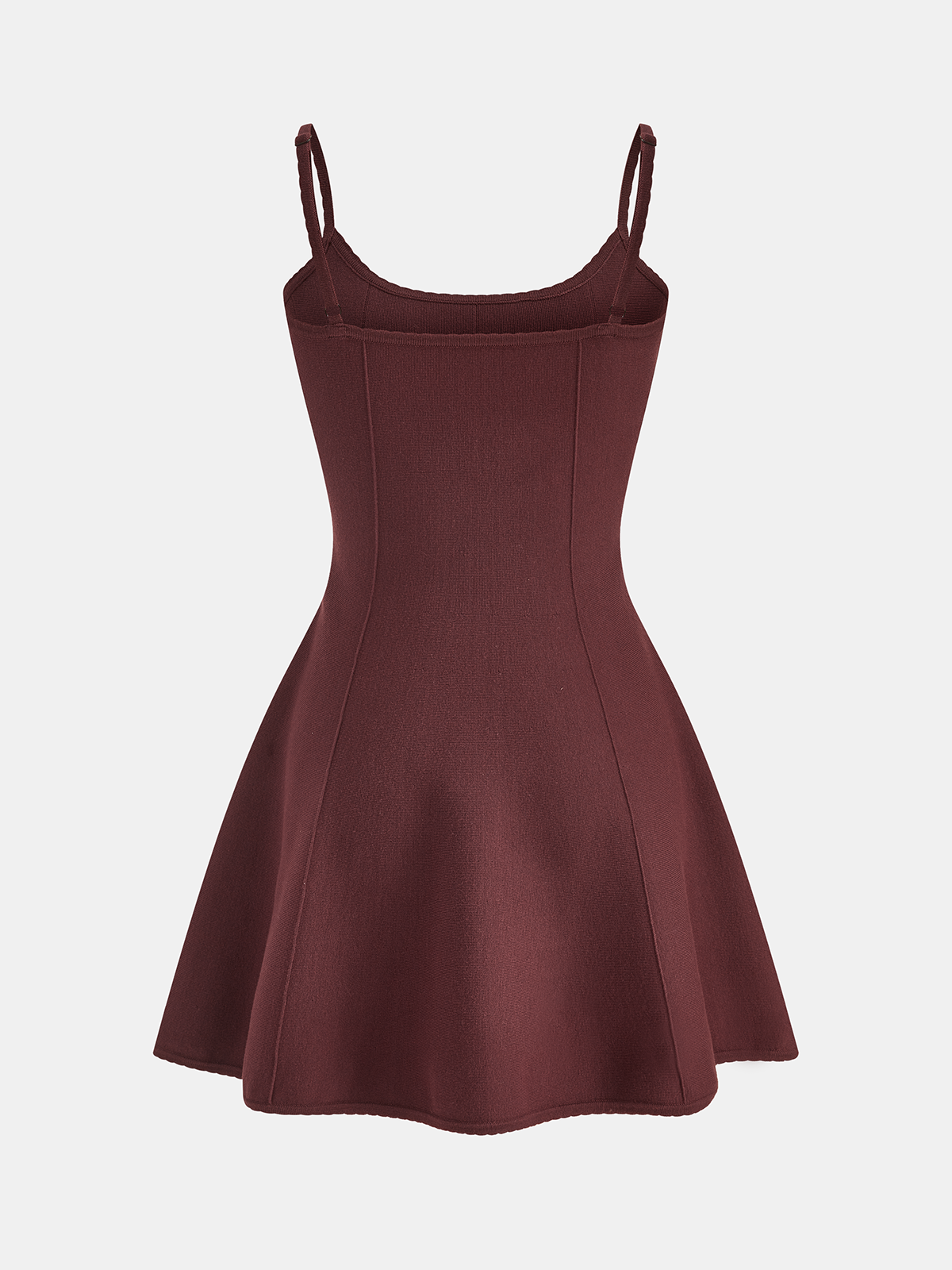 Sleeveless deep burgundy mini dress with adjustable straps, fitted bodice, stretch, and flared skirt.