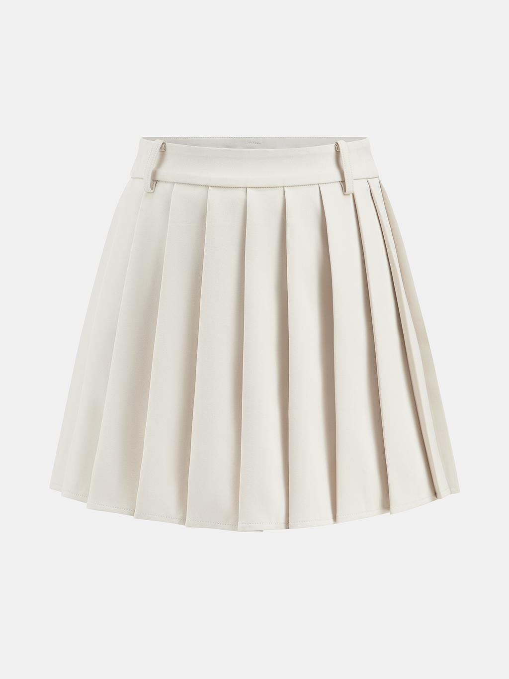 Cream high-waisted pleated mini skirt with side buttons and coordinating belted vest set.