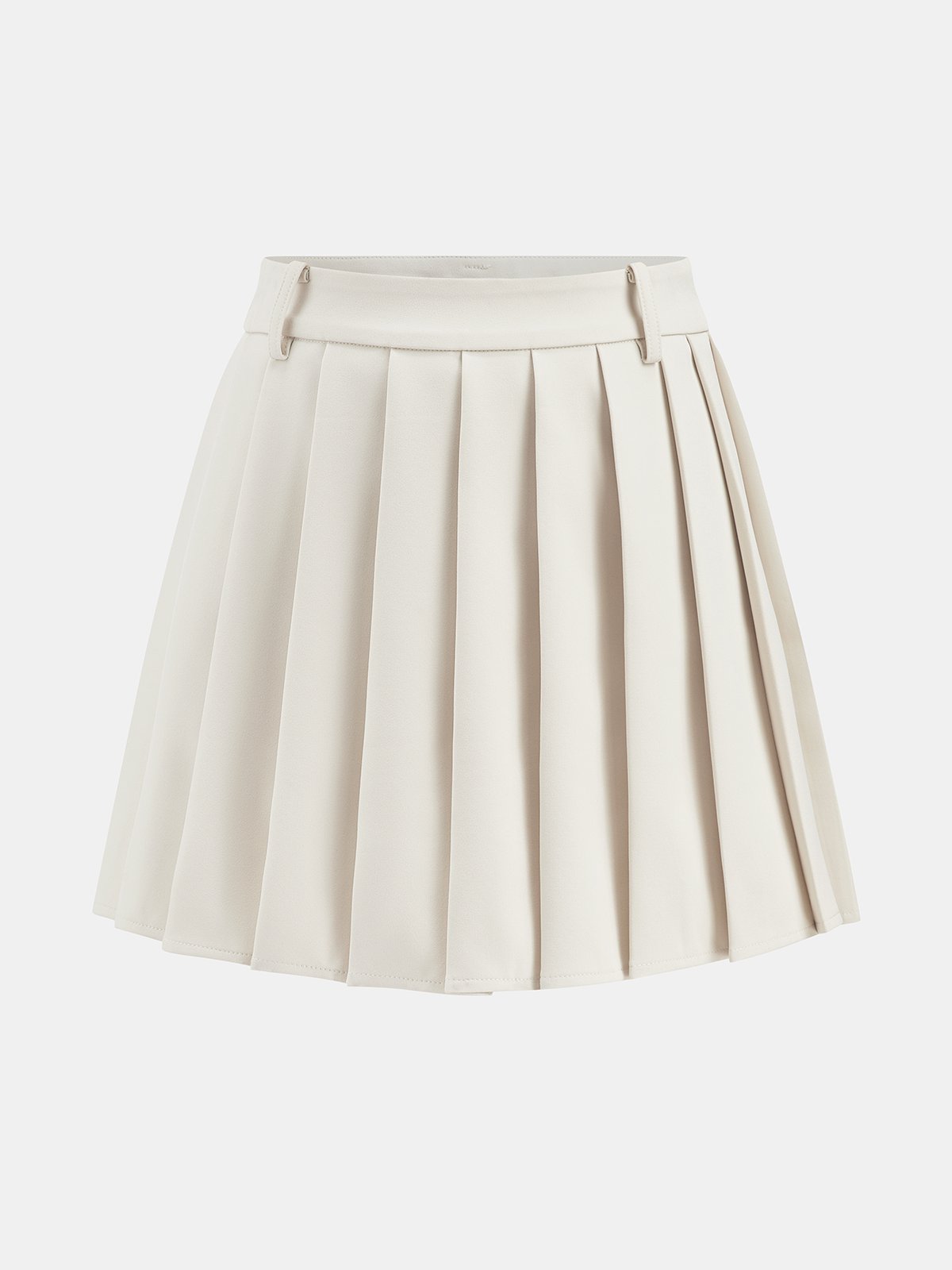 Cream high-waisted pleated mini skirt with side buttons and coordinating belted vest set.