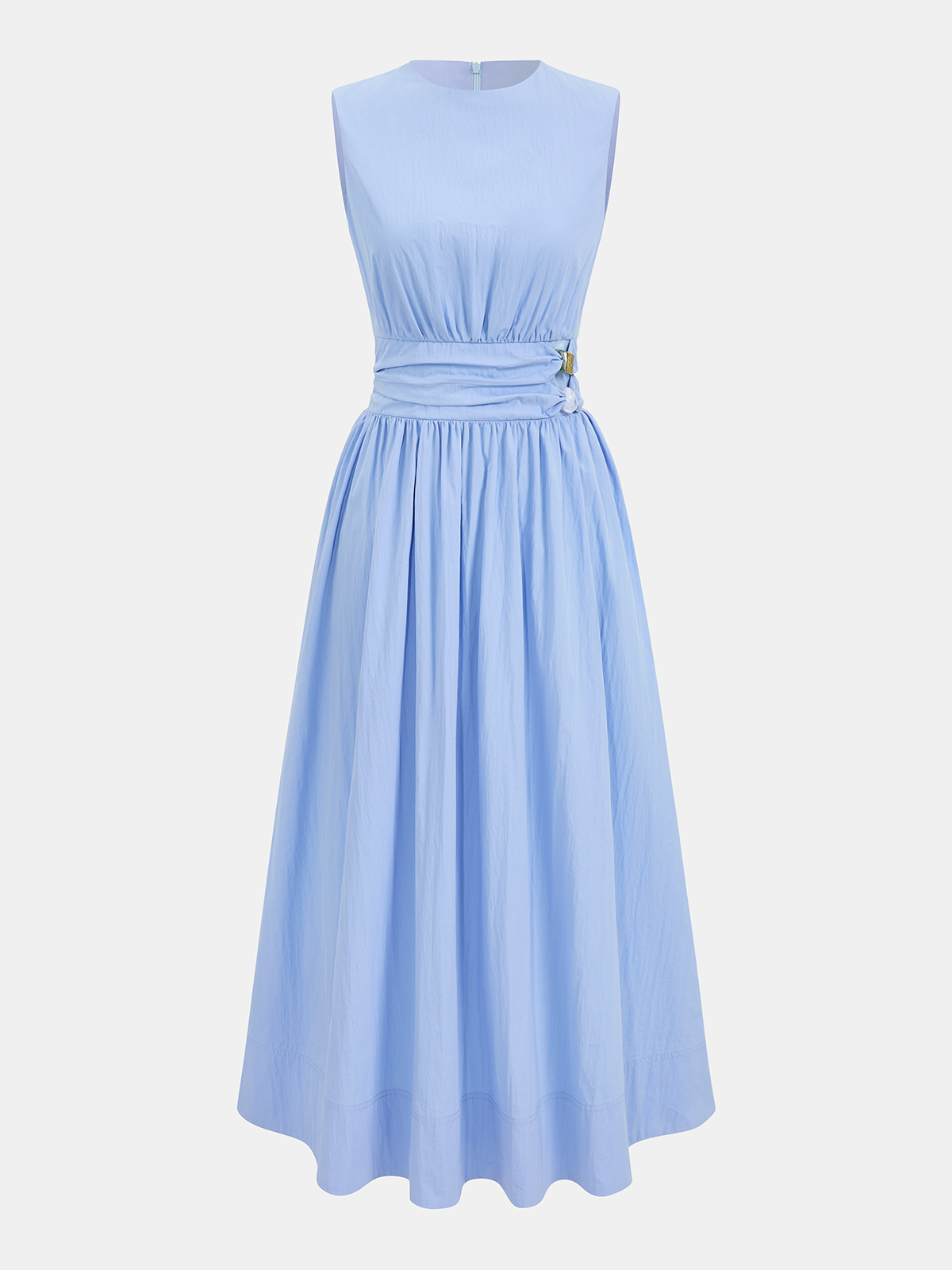 Sleeveless maxi dress in light blue cotton blend with ruched belt and decorative buckle.