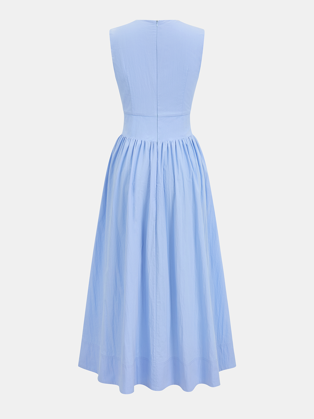 Sleeveless maxi dress in light blue cotton blend with fitted bodice, defined waist, textured skirt.
