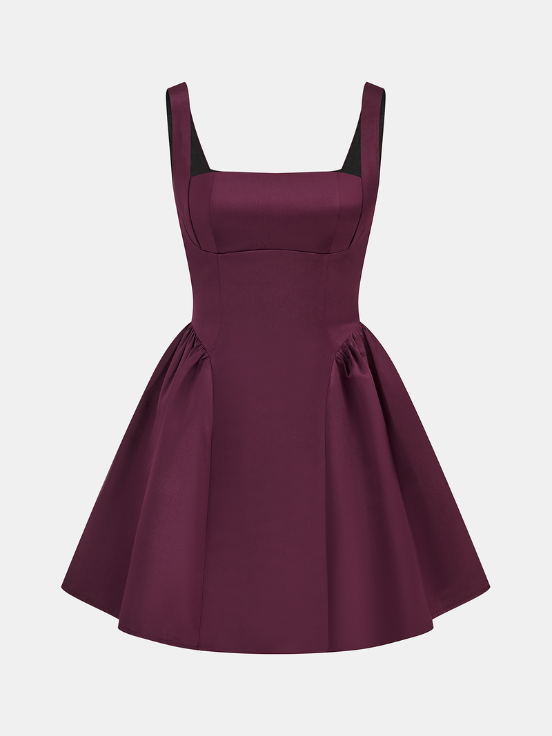 Deep plum satin mini dress with square neckline and flared skirt; elegant and sophisticated.