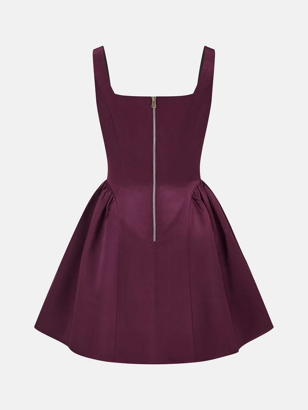 A sleeveless deep burgundy satin mini dress with square neckline, fitted bodice, flared skirt.
