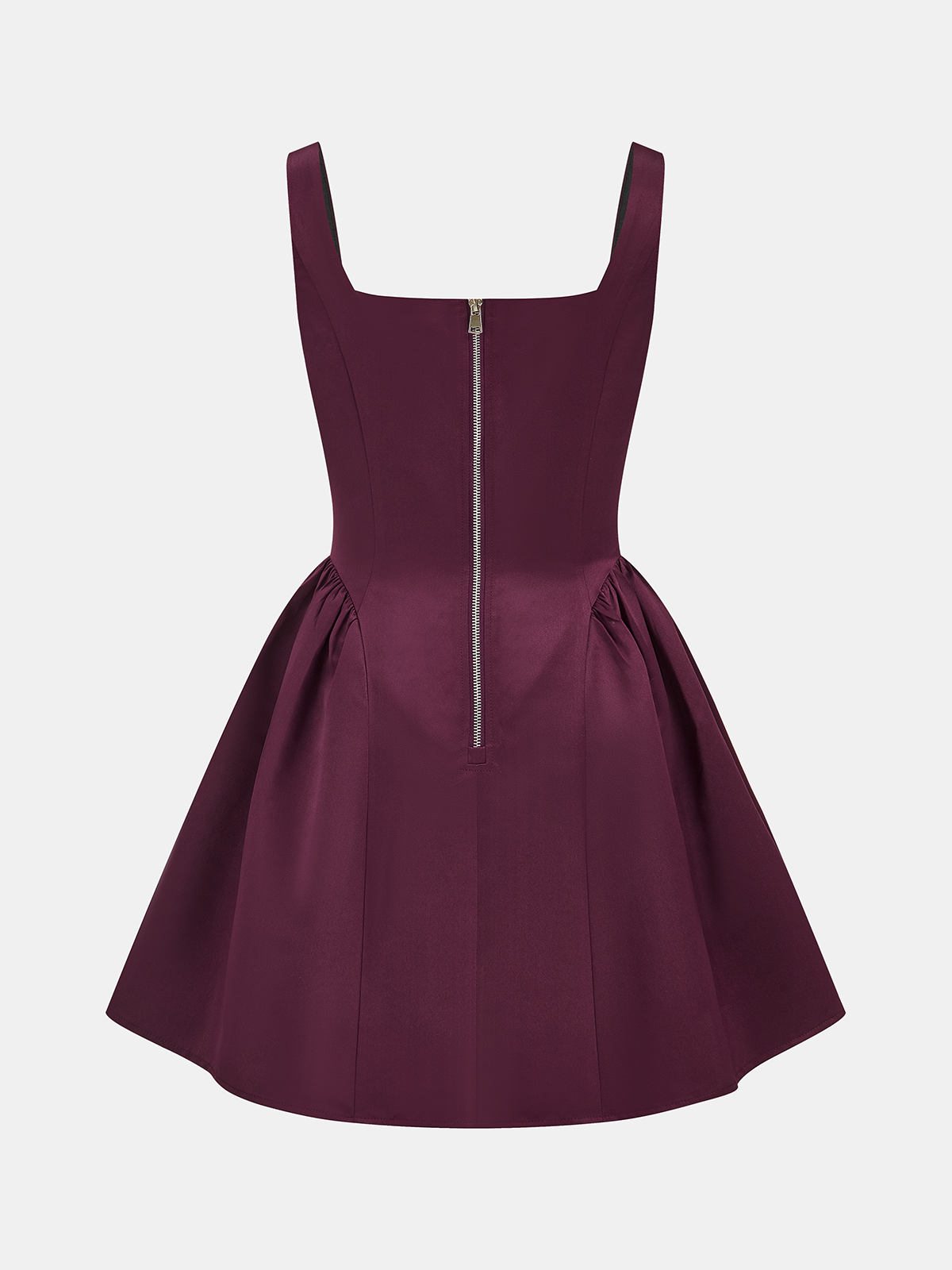 A sleeveless deep burgundy satin mini dress with square neckline, fitted bodice, flared skirt.
