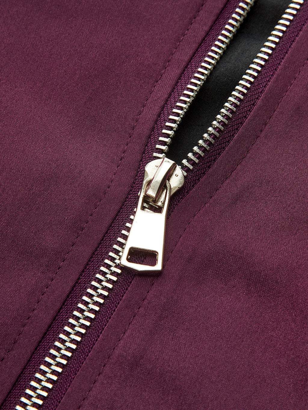 Chic satin mini dress with square neckline, flared skirt, silver zipper, and purple sheen.