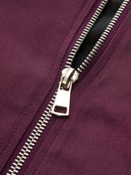 Chic satin mini dress with square neckline, flared skirt, silver zipper, and purple sheen.