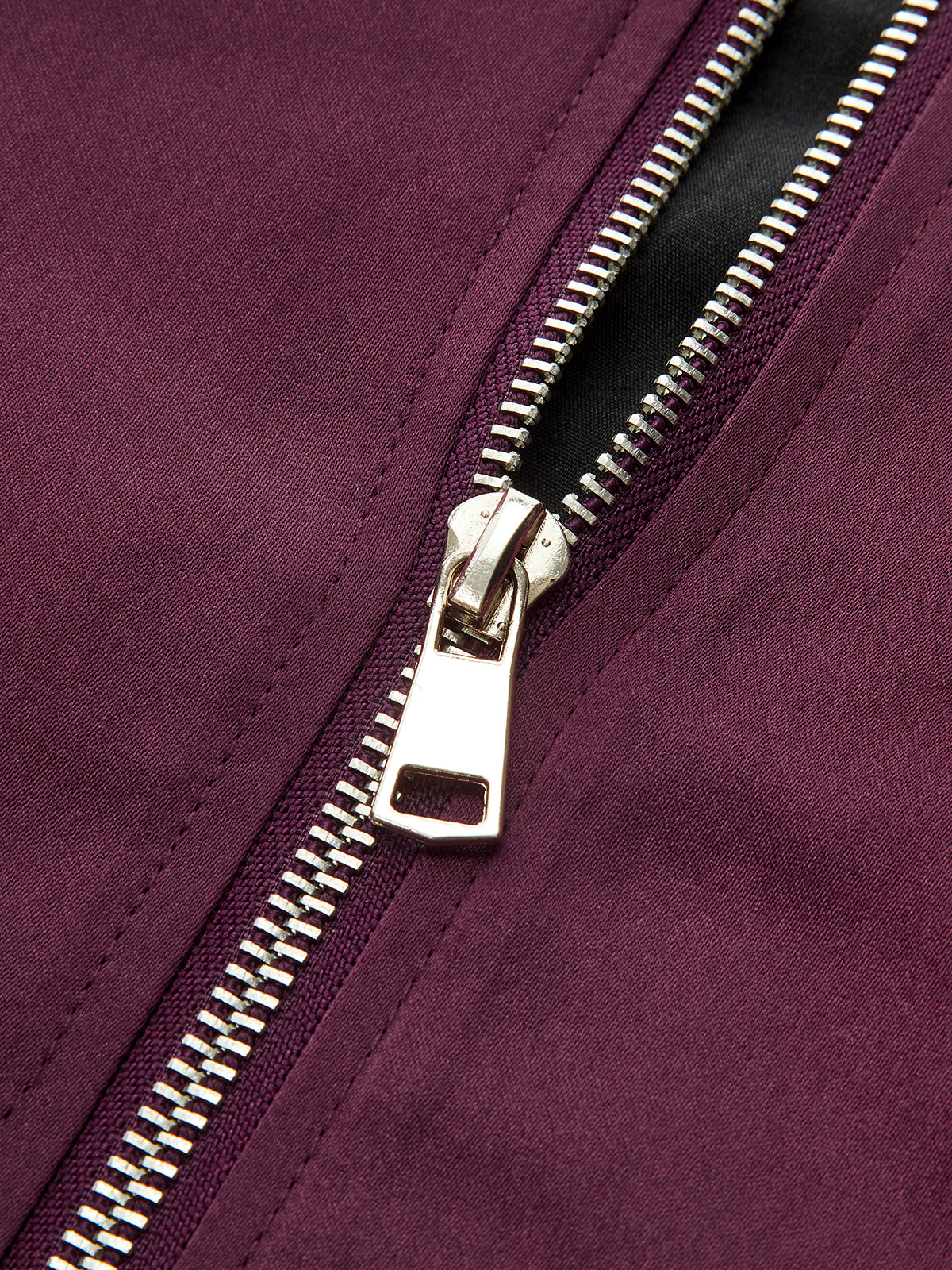 Chic satin mini dress with square neckline, flared skirt, silver zipper, and purple sheen.