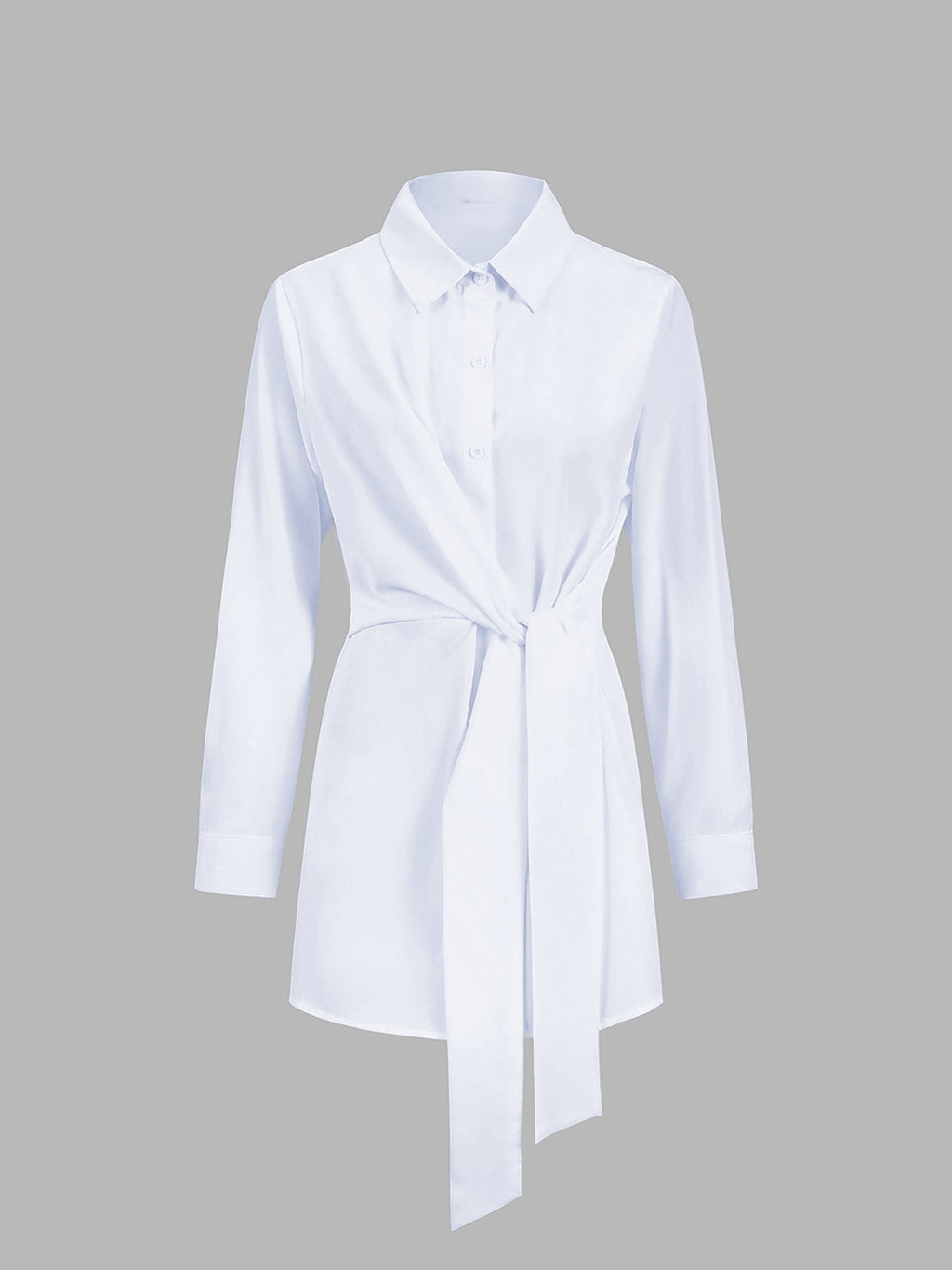 White semi-sheer long shirt with button-down front, collared neckline, and waist tie.