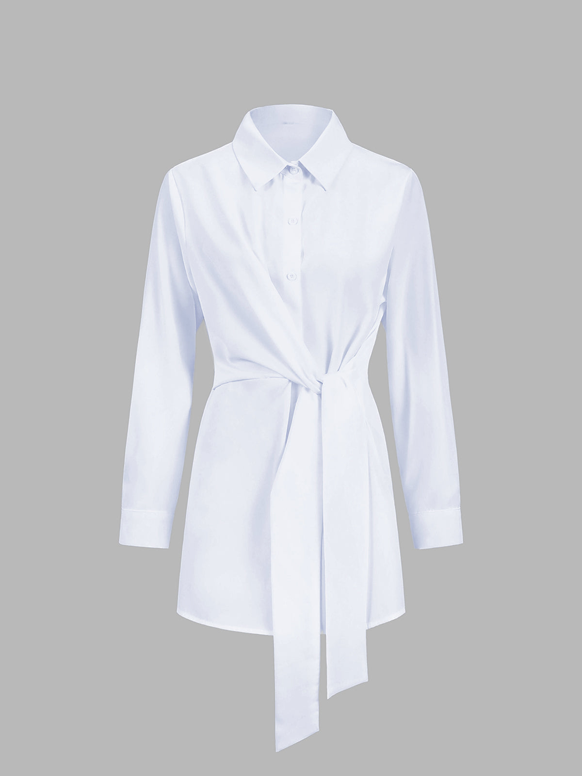 White semi-sheer long shirt with button-down front, collared neckline, and waist tie.