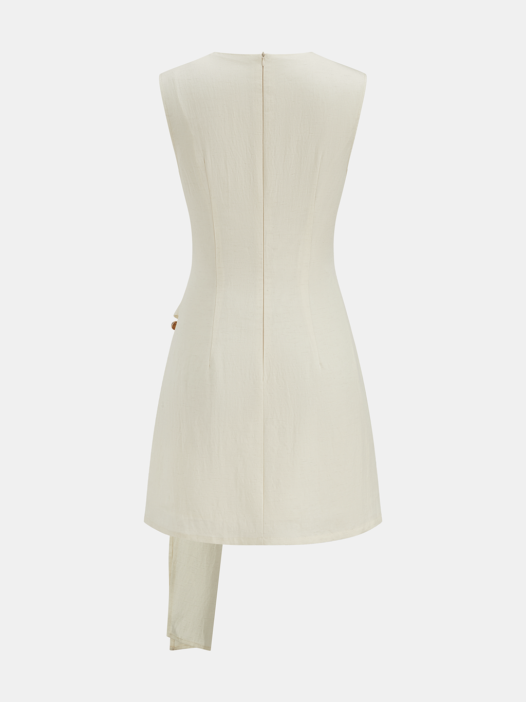 Cream Tencel blend mini dress with slim fit, sleeveless, buckle ruching, asymmetric hem.