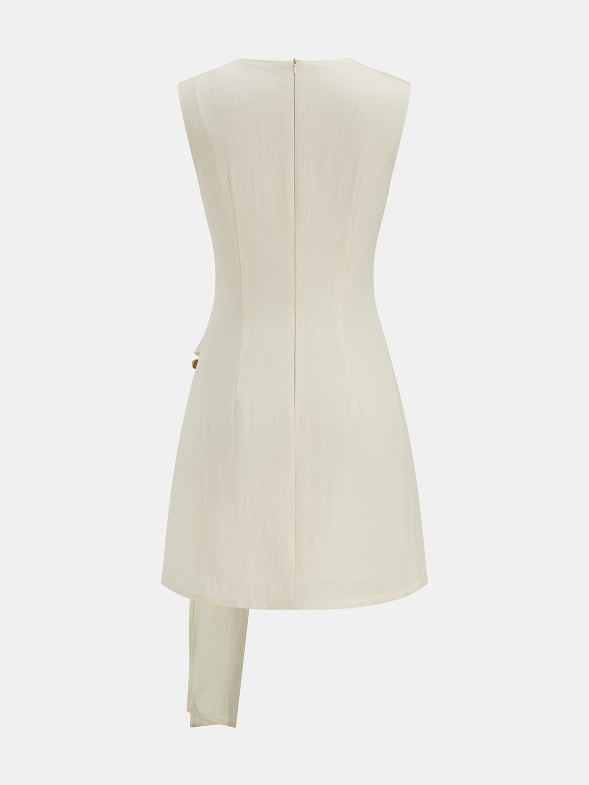 Cream Tencel blend mini dress with slim fit, sleeveless, buckle ruching, asymmetric hem.
