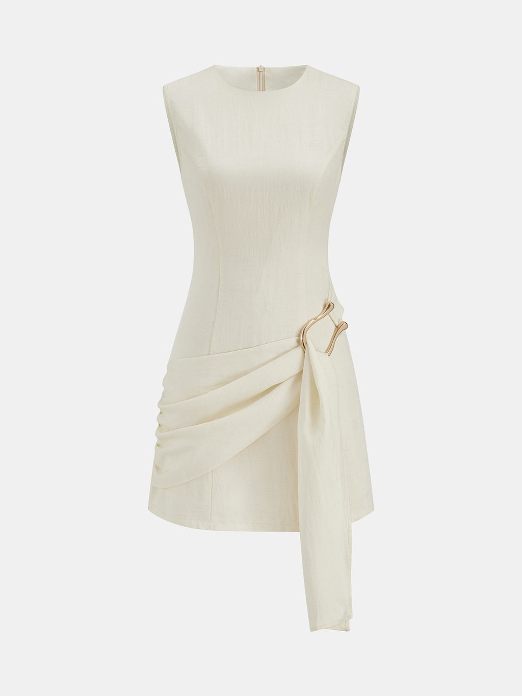 Slim-fit Tencel mini dress with sleeveless cut, round neck, gold buckle hip ruching.