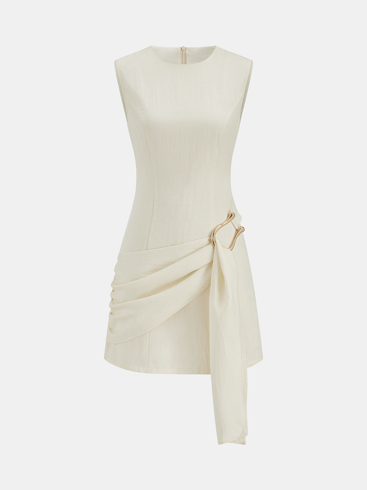 Slim-fit Tencel mini dress with sleeveless cut, round neck, gold buckle hip ruching.