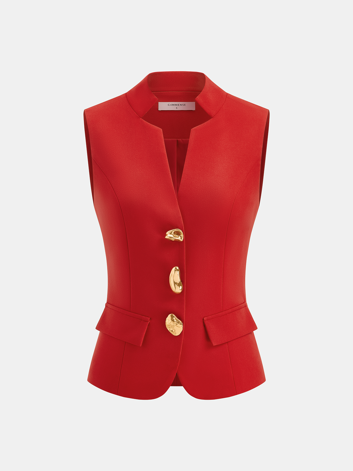 A vibrant red sleeveless blazer vest with gold metal details, flap pockets, and bold buttons.