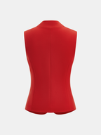 A sleeveless blazer vest with metal details, fitted shape, and subtle structured seam design.