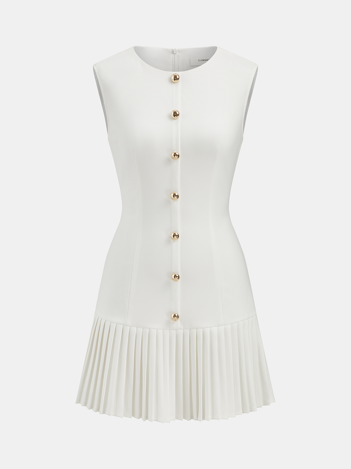 Sleeveless pleated mini dress with fitted bodice, gold buttons, round neckline, concealed zipper.