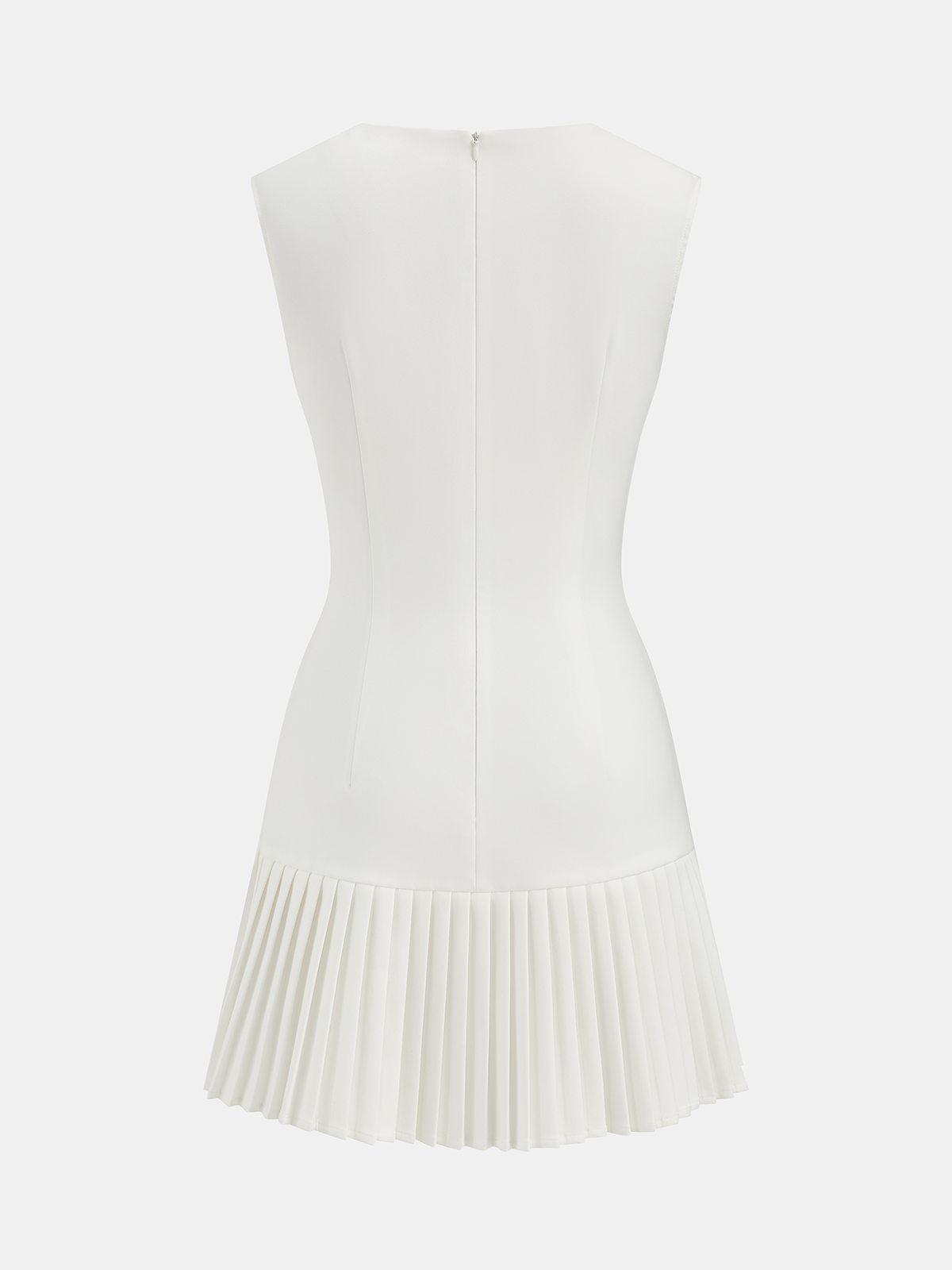 White sleeveless mini dress with metal detail, pleated skirt, fitted bodice, and back zipper.