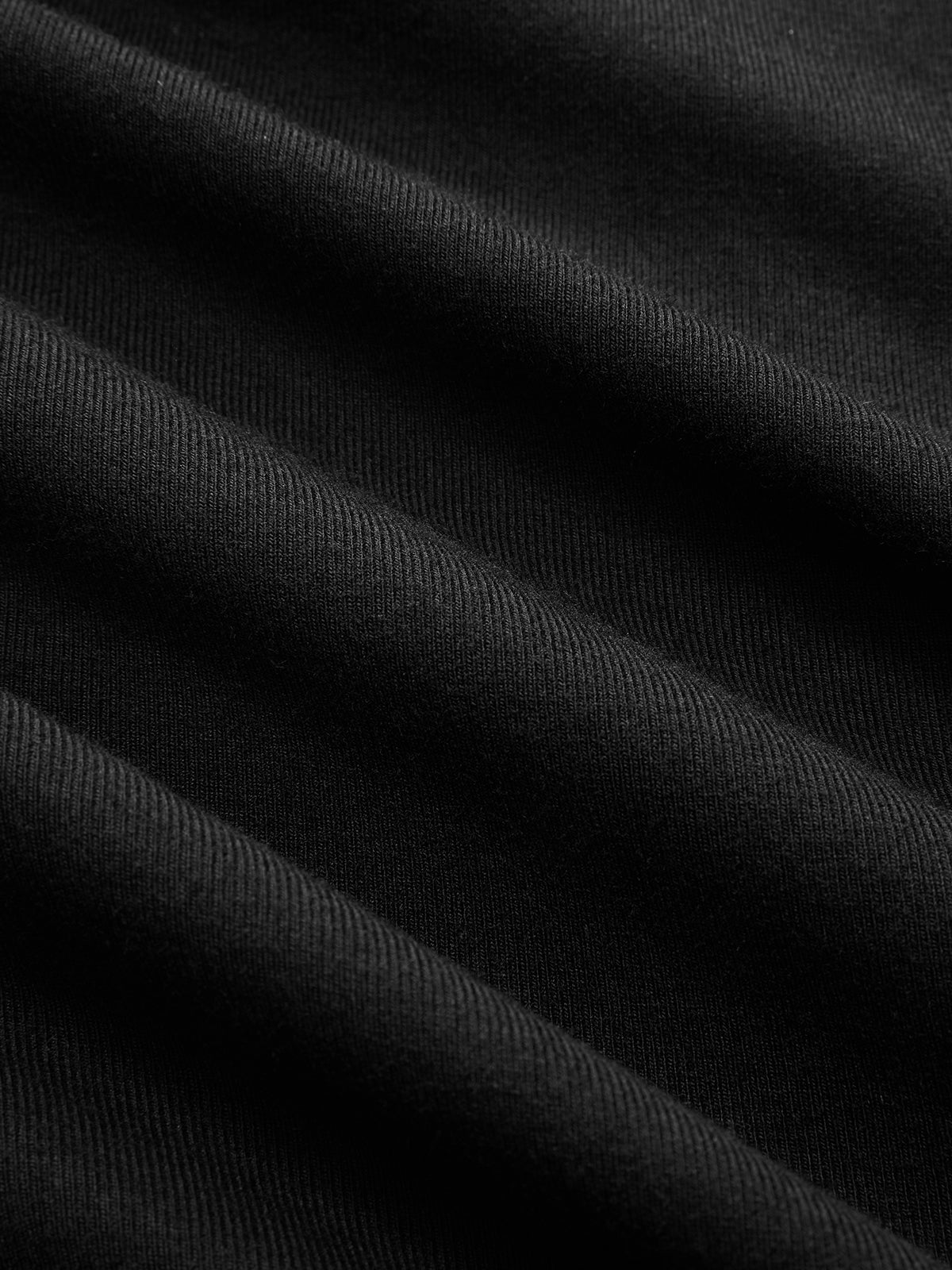 Close-up of black dress fabric showing diagonal ribs, soft folds, and fine textured lines.
