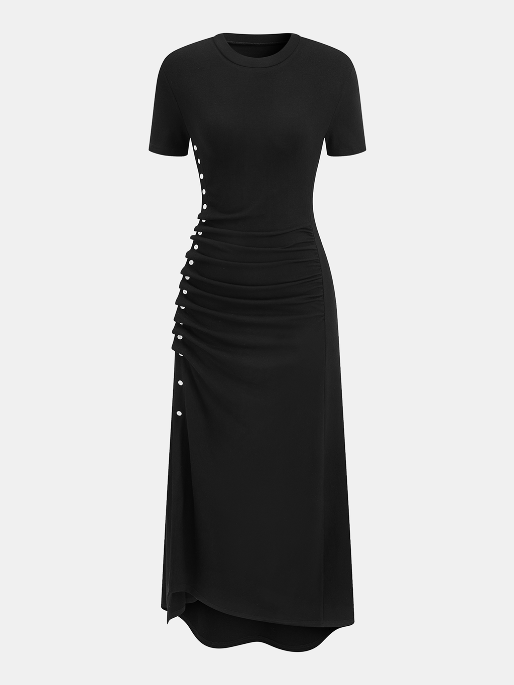 Short-sleeve black dress with ruched sides, fitted crew neck, asymmetric hem, side buttons.
