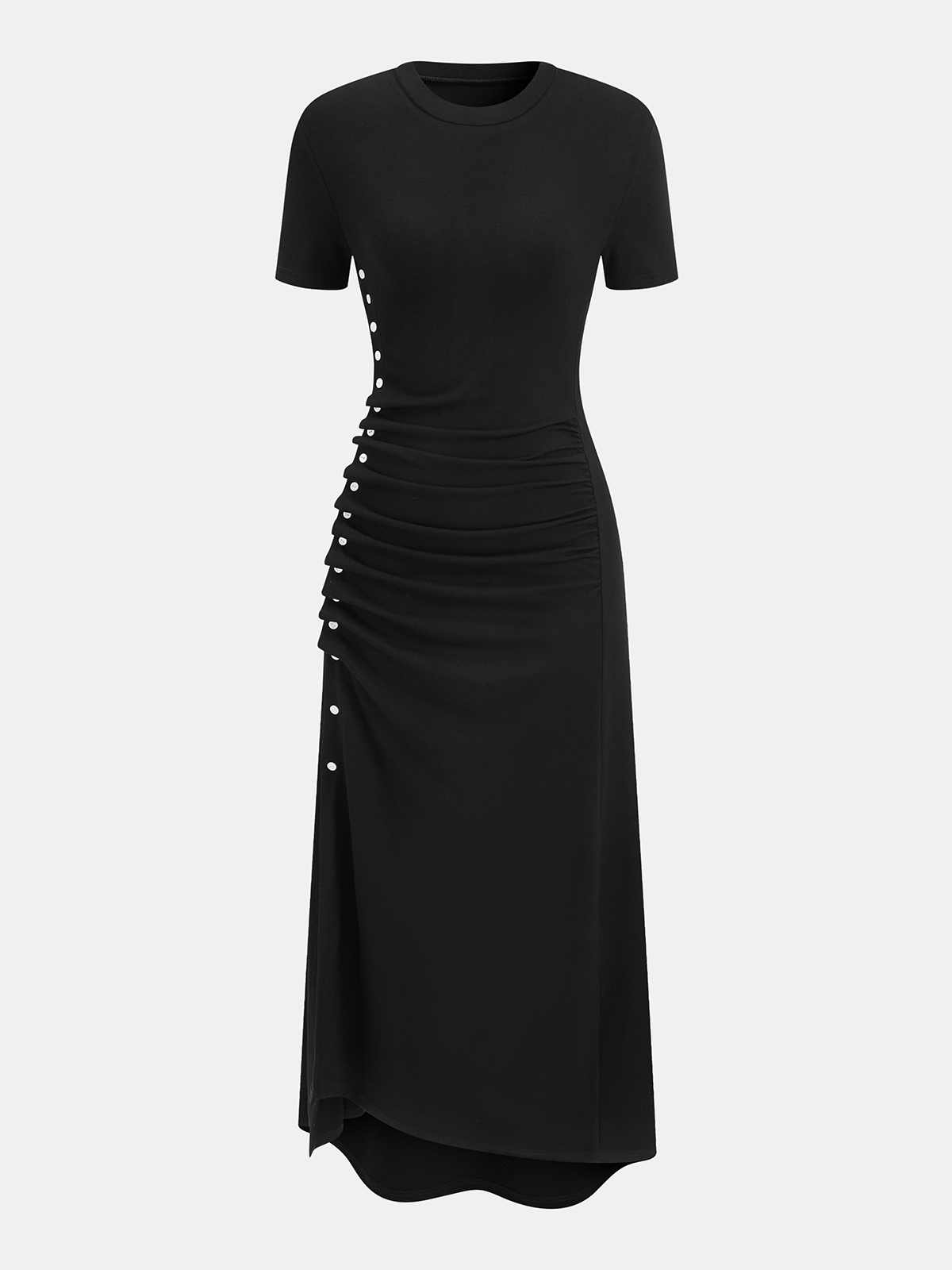 Short-sleeve black dress with ruched sides, fitted crew neck, asymmetric hem, side buttons.