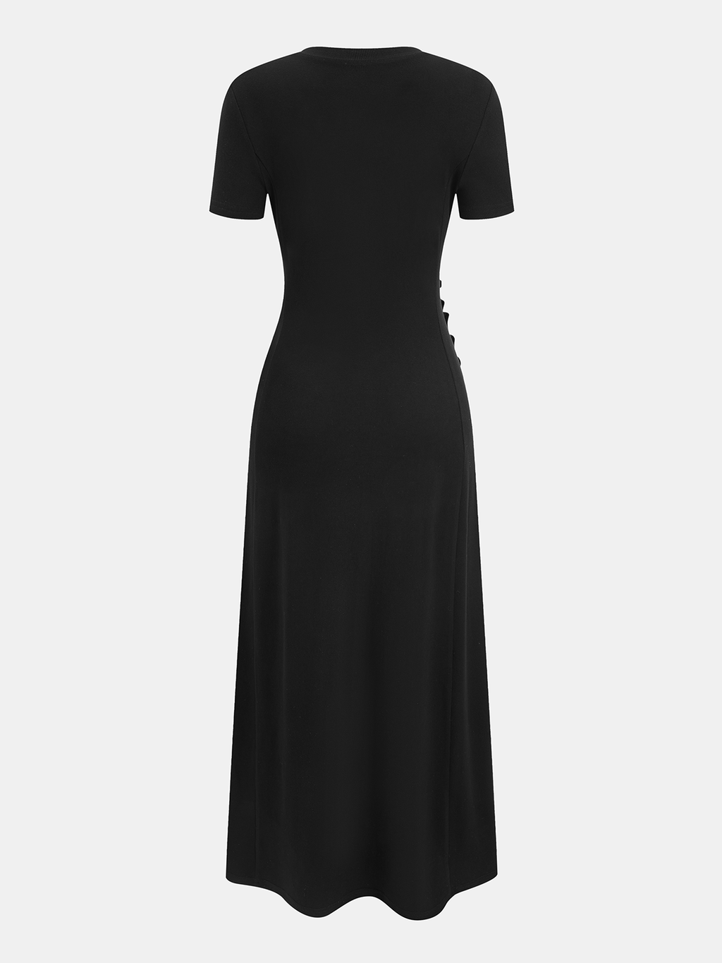 Short-sleeve dress with ruched sides, back buttons, fitted waist, and slight flared hem.