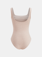 Beige sleeveless square neck bodysuit with ruched ribbed design and slim fit.