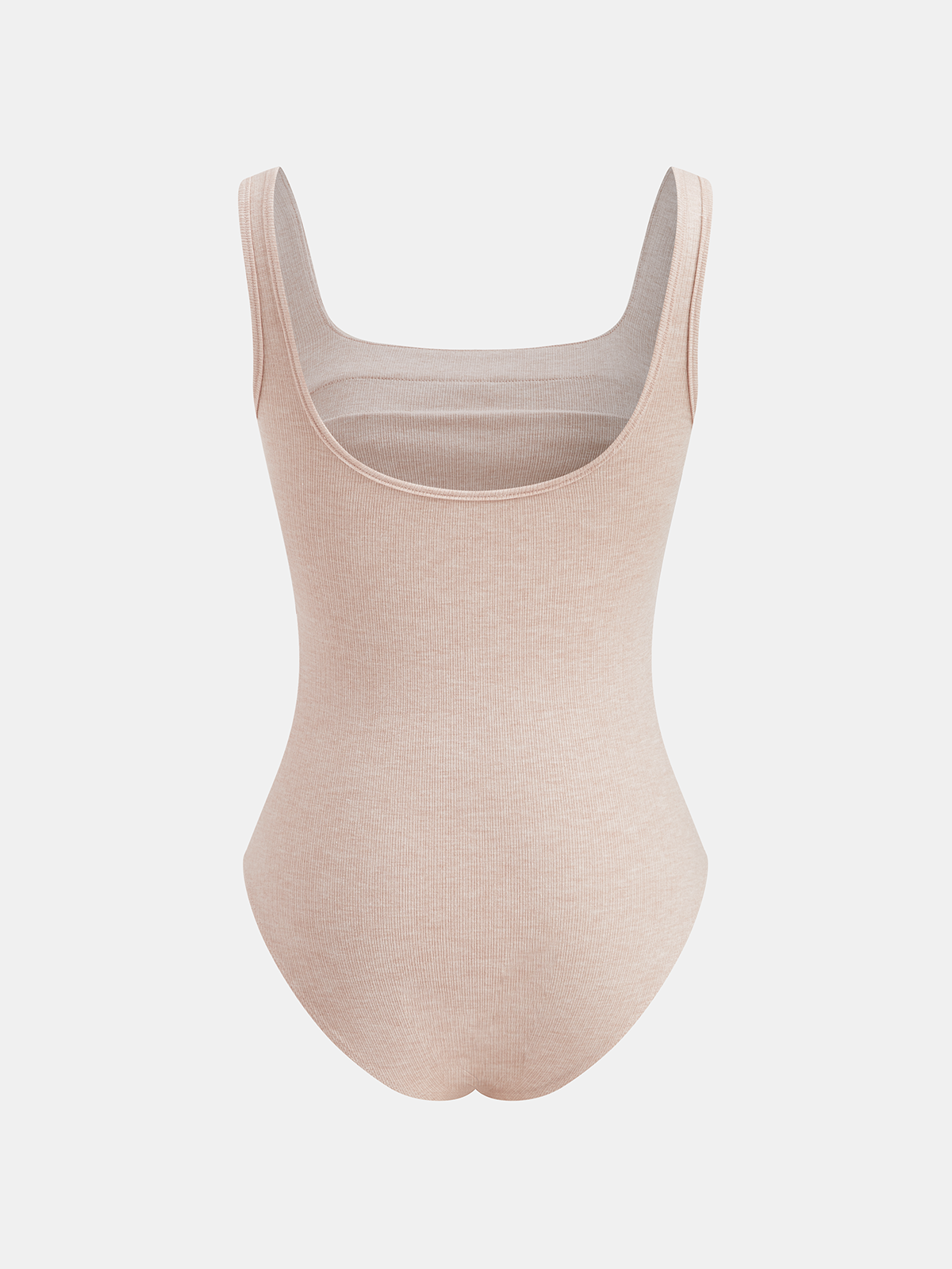 Beige sleeveless square neck bodysuit with ruched ribbed design and slim fit.