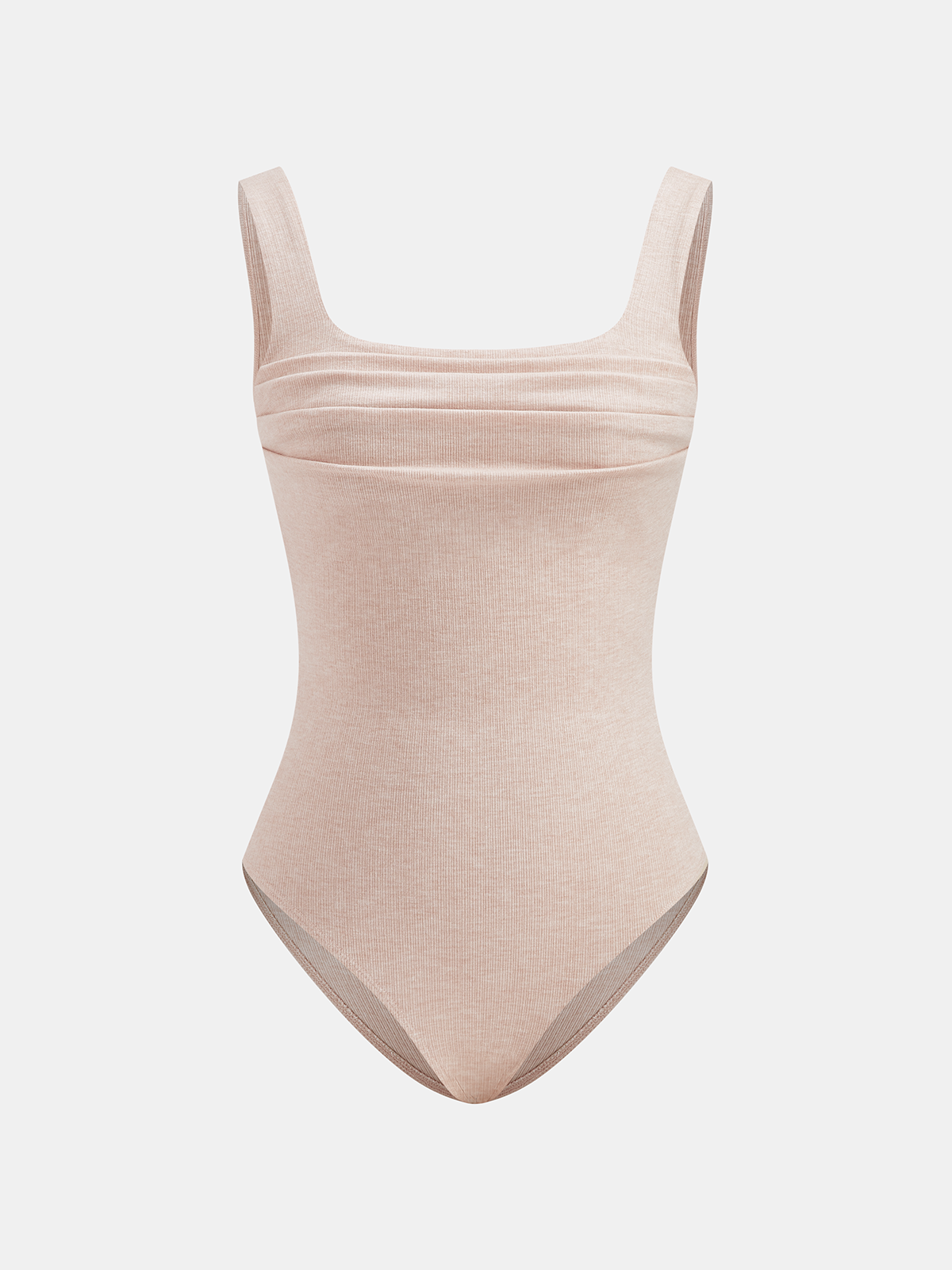 Light beige bodysuit with wide straps, square neckline, and ruched ribbed slim-fit fabric.
