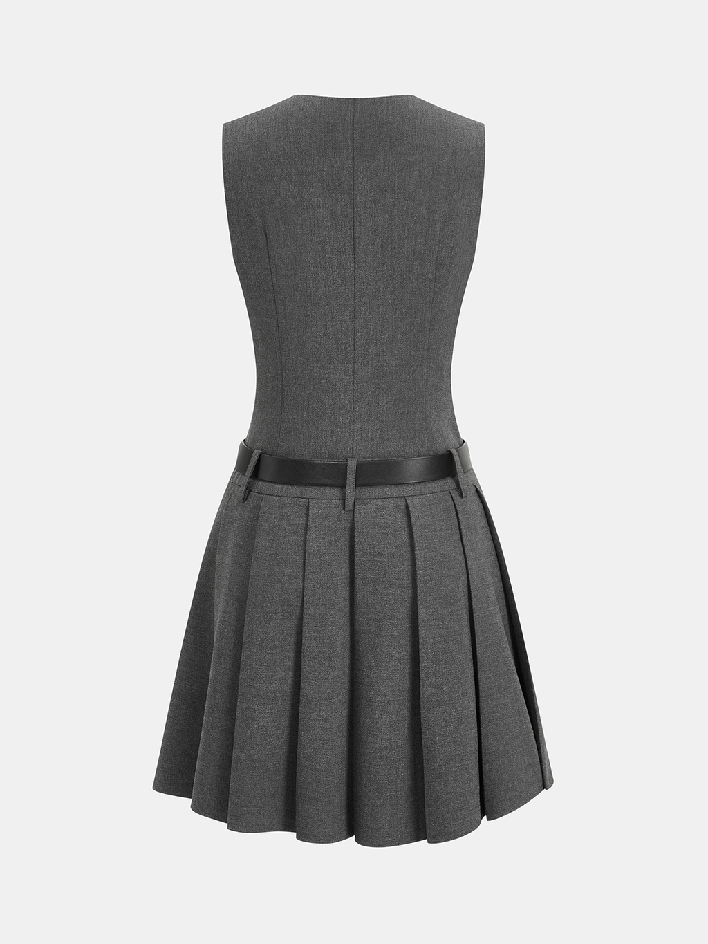 Gray sleeveless blazer dress with black belt, fitted waist, pleated skirt, knee-length.