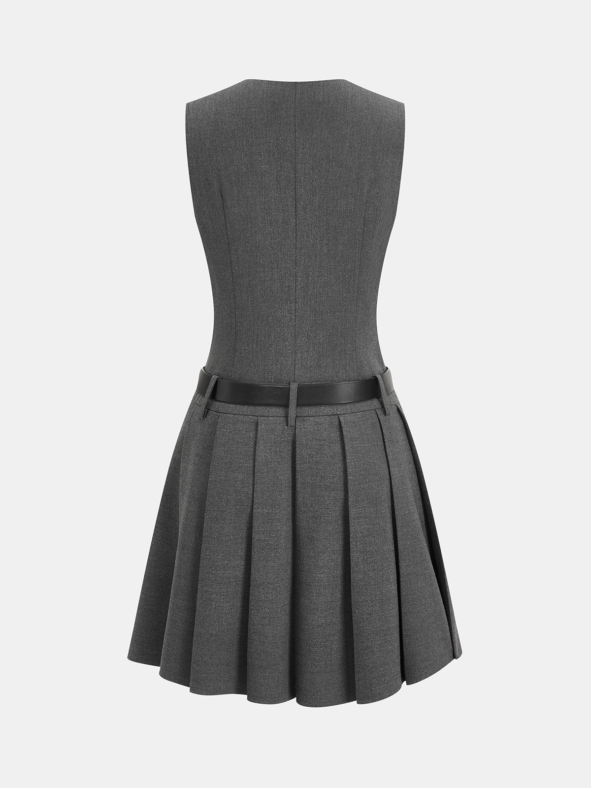 Gray sleeveless blazer dress with black belt, fitted waist, pleated skirt, knee-length.