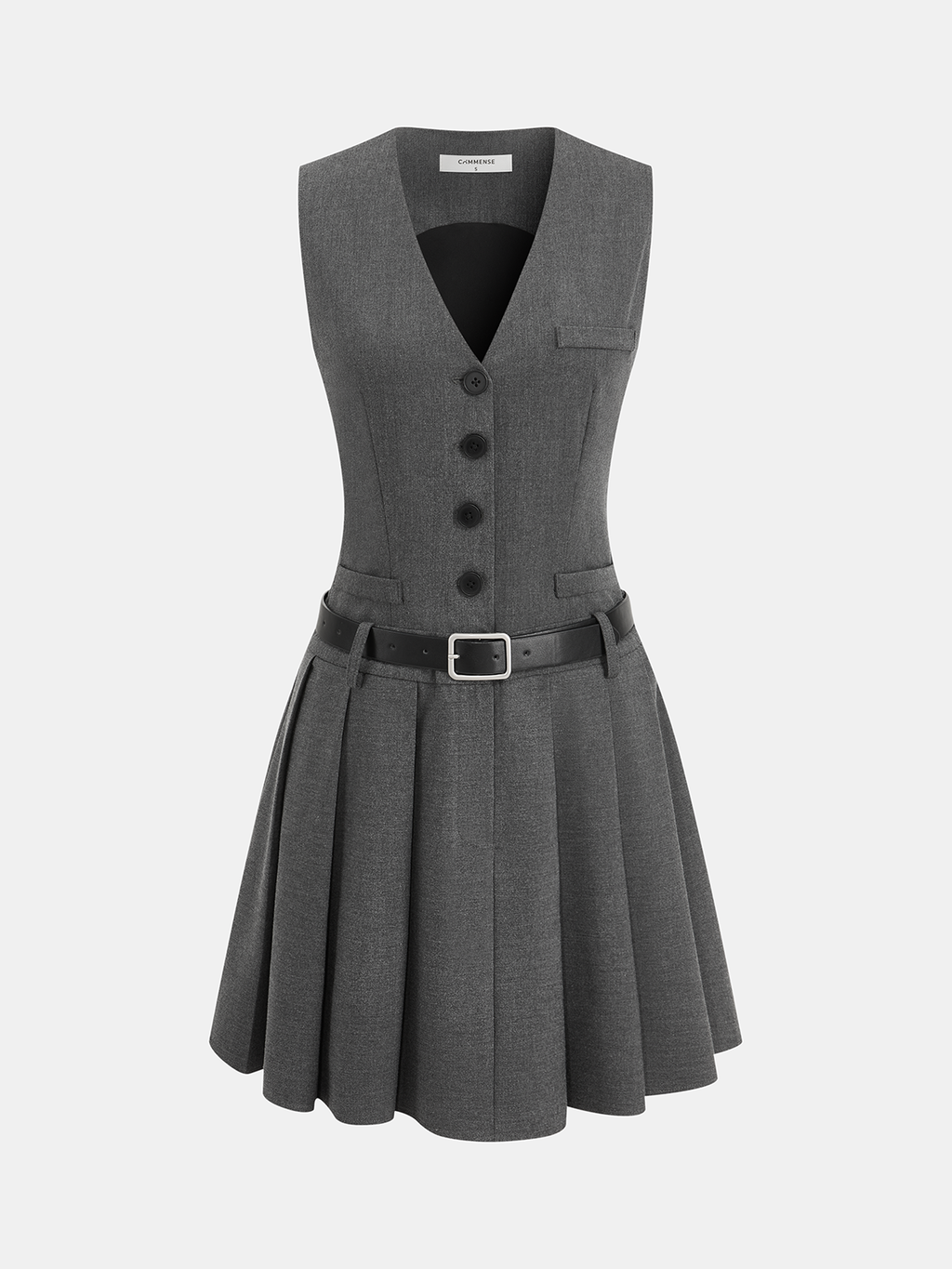 A grey sleeveless blazer dress with black belt, pleated skirt, chest pocket, and buttons.