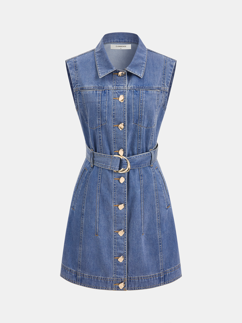 Sleeveless belted denim mini shirt dress with collar, button front, vertical seams, and waist belt.