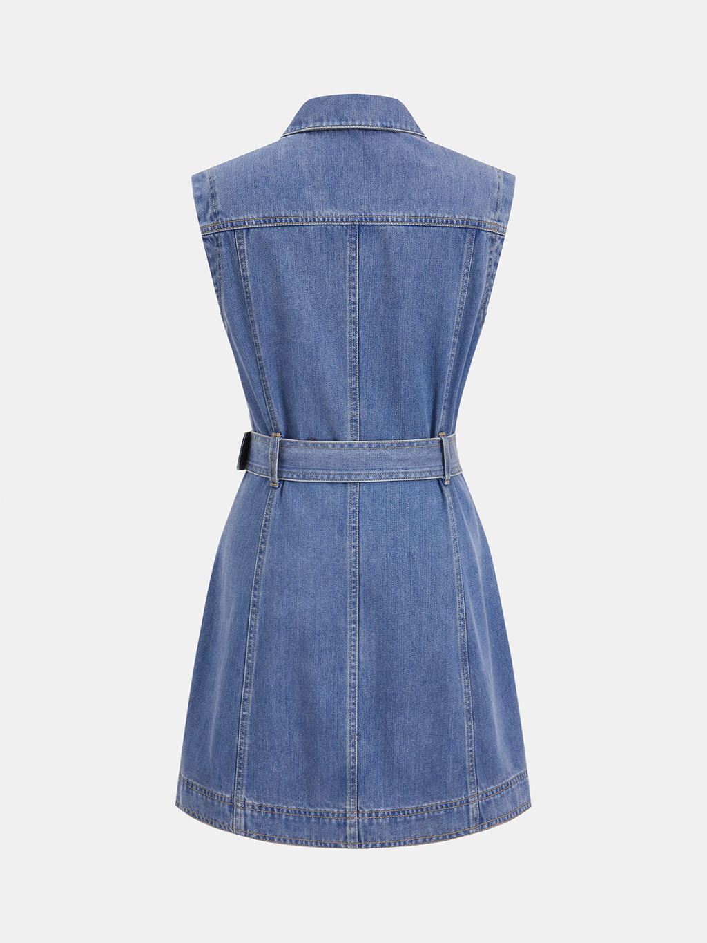Sleeveless blue denim mini dress with pointed collar, visible stitching, and matching belted waist.