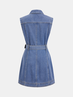 Sleeveless blue denim mini dress with pointed collar, visible stitching, and matching belted waist.