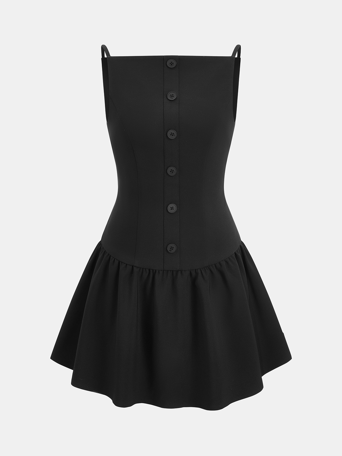 Sleeveless black mini dress with front buttons, fitted bodice, and ruffled flared hem.