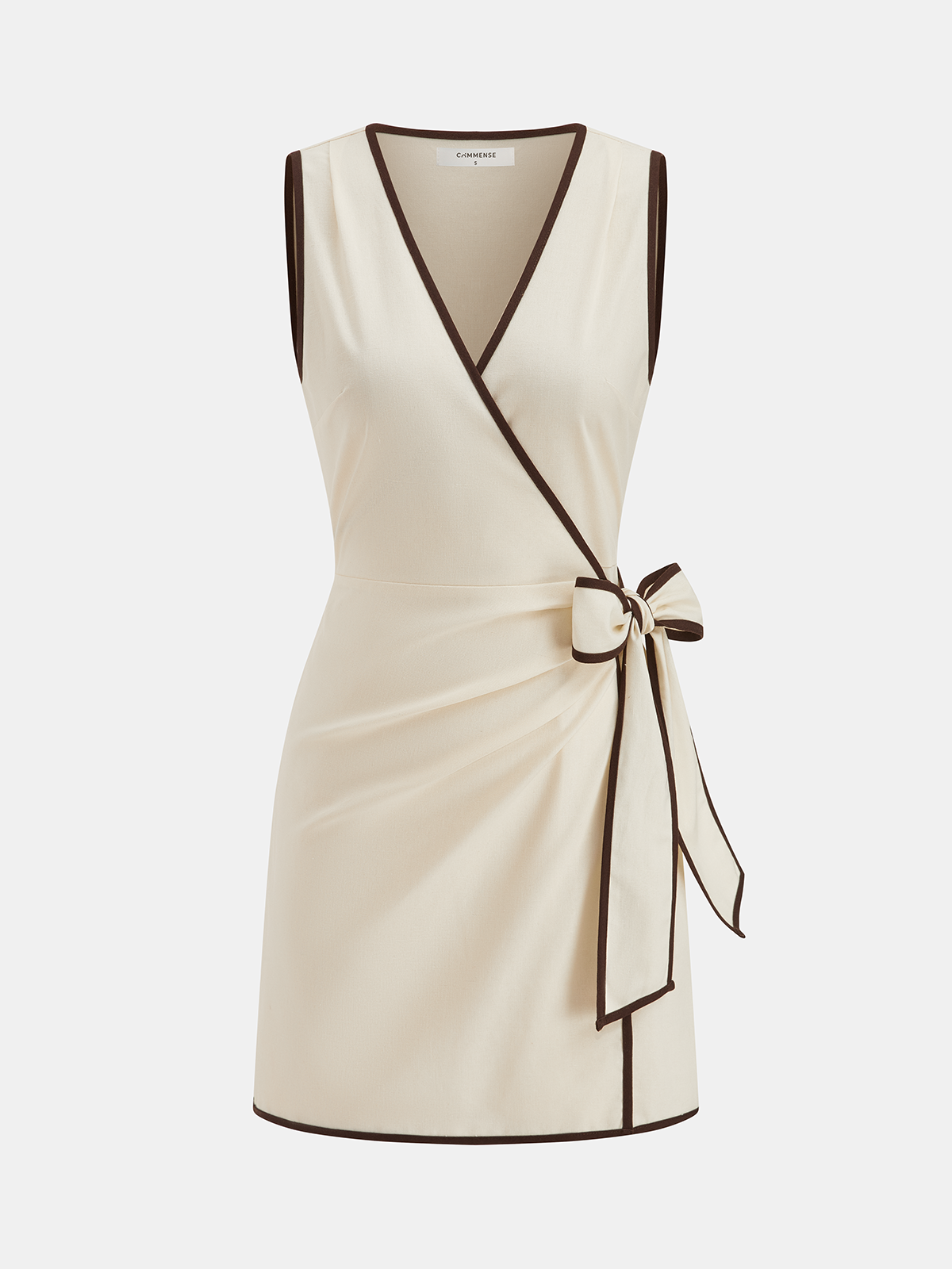Sleeveless cream linen-blend wrap dress with dark brown trim and matching waist tie.