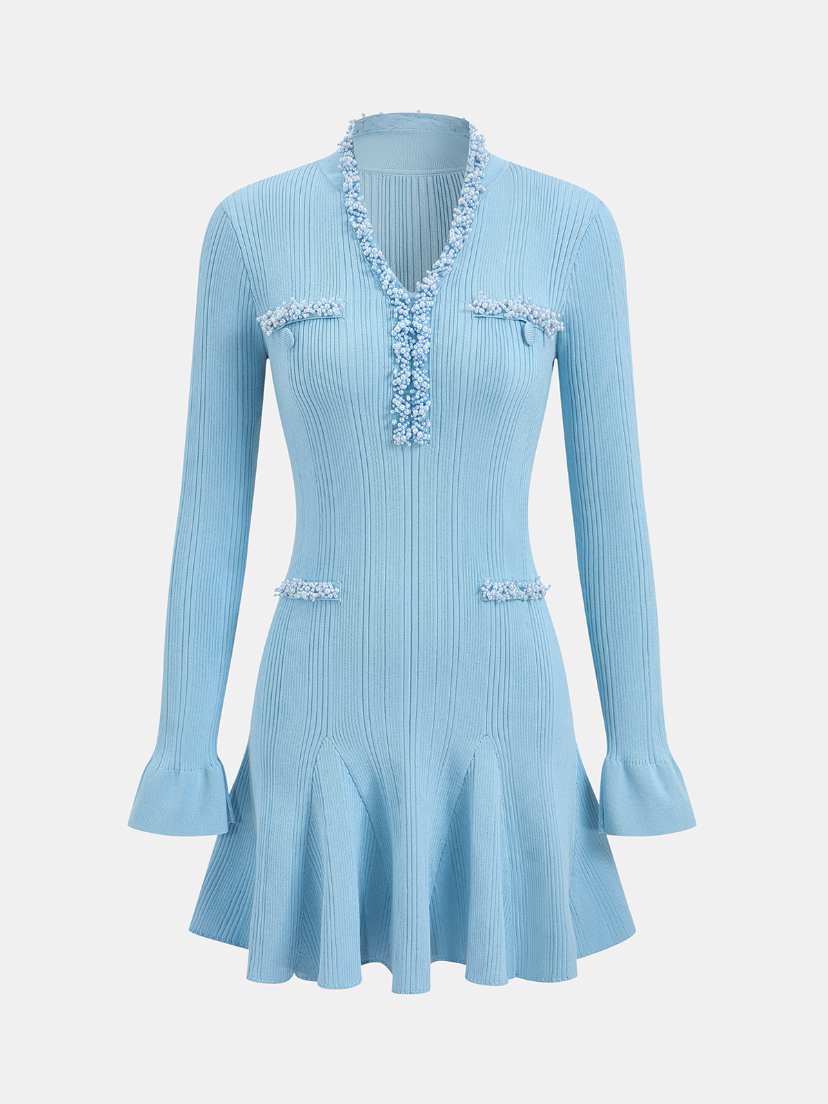 Light blue ribbed knit mini dress with pearl trim, ruffled hem, pockets, and long sleeves.
