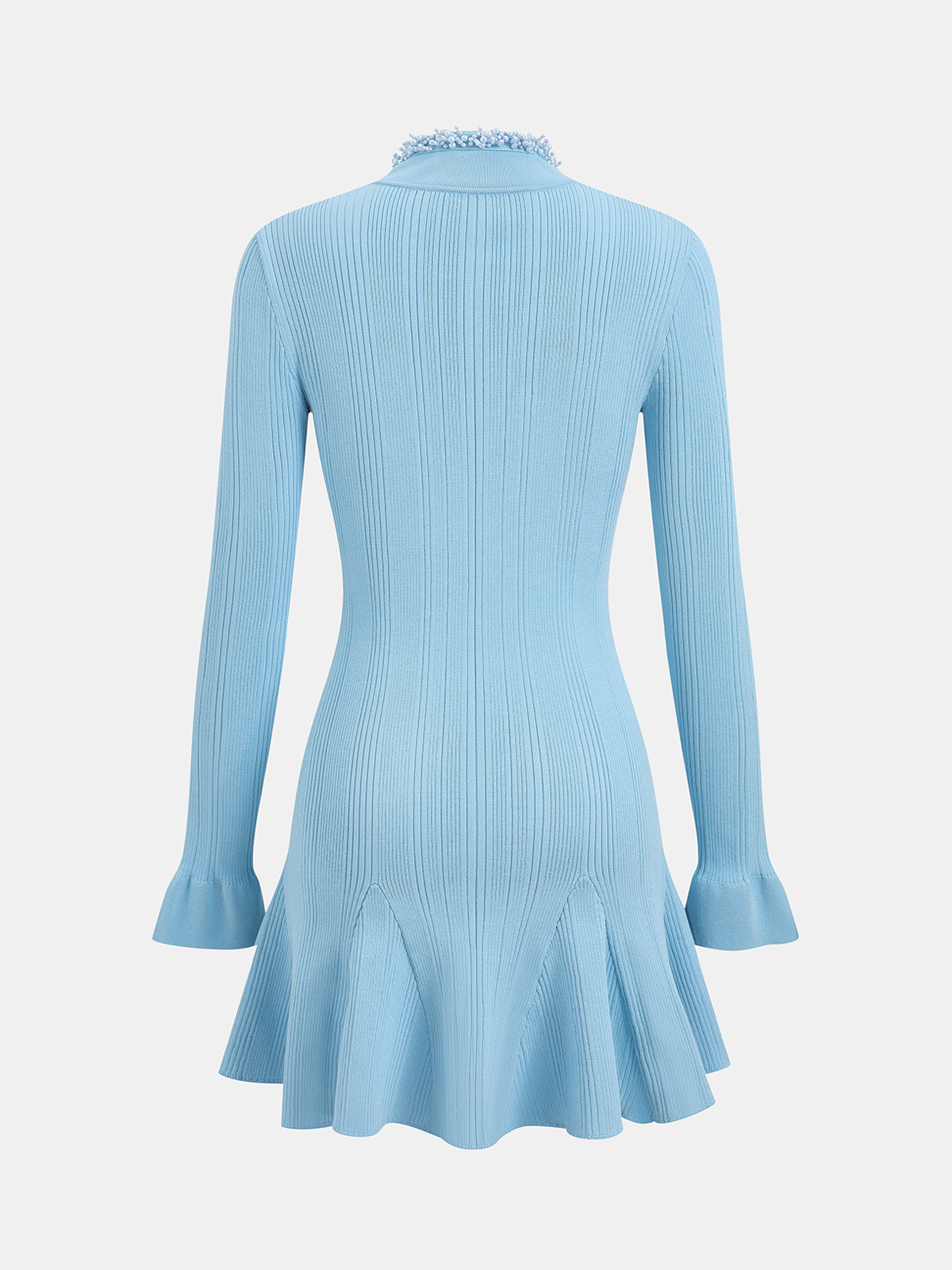 Light blue stretch knit mini dress with pearl trim, ruffled hem, and long sleeves.