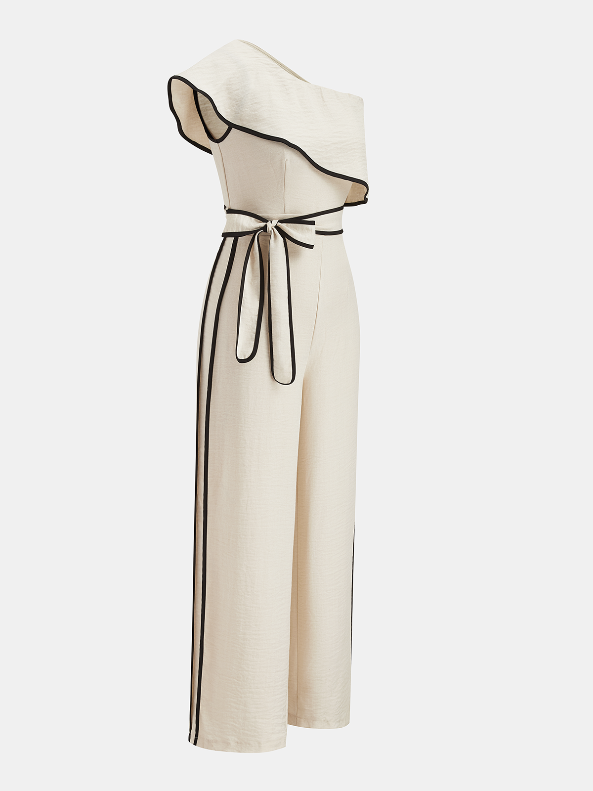 Cream one-shoulder jumpsuit with ruffles, black piping, wide legs, side stripes, and belt.