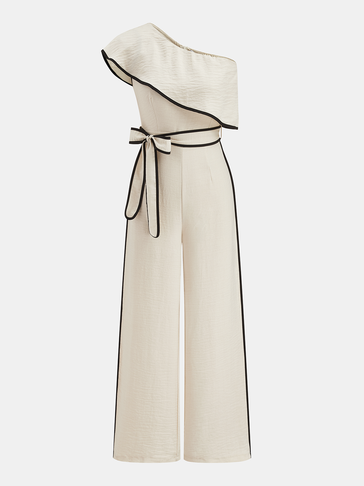Cream one-shoulder jumpsuit with ruffled neckline, black piping, waist tie, and wide legs.