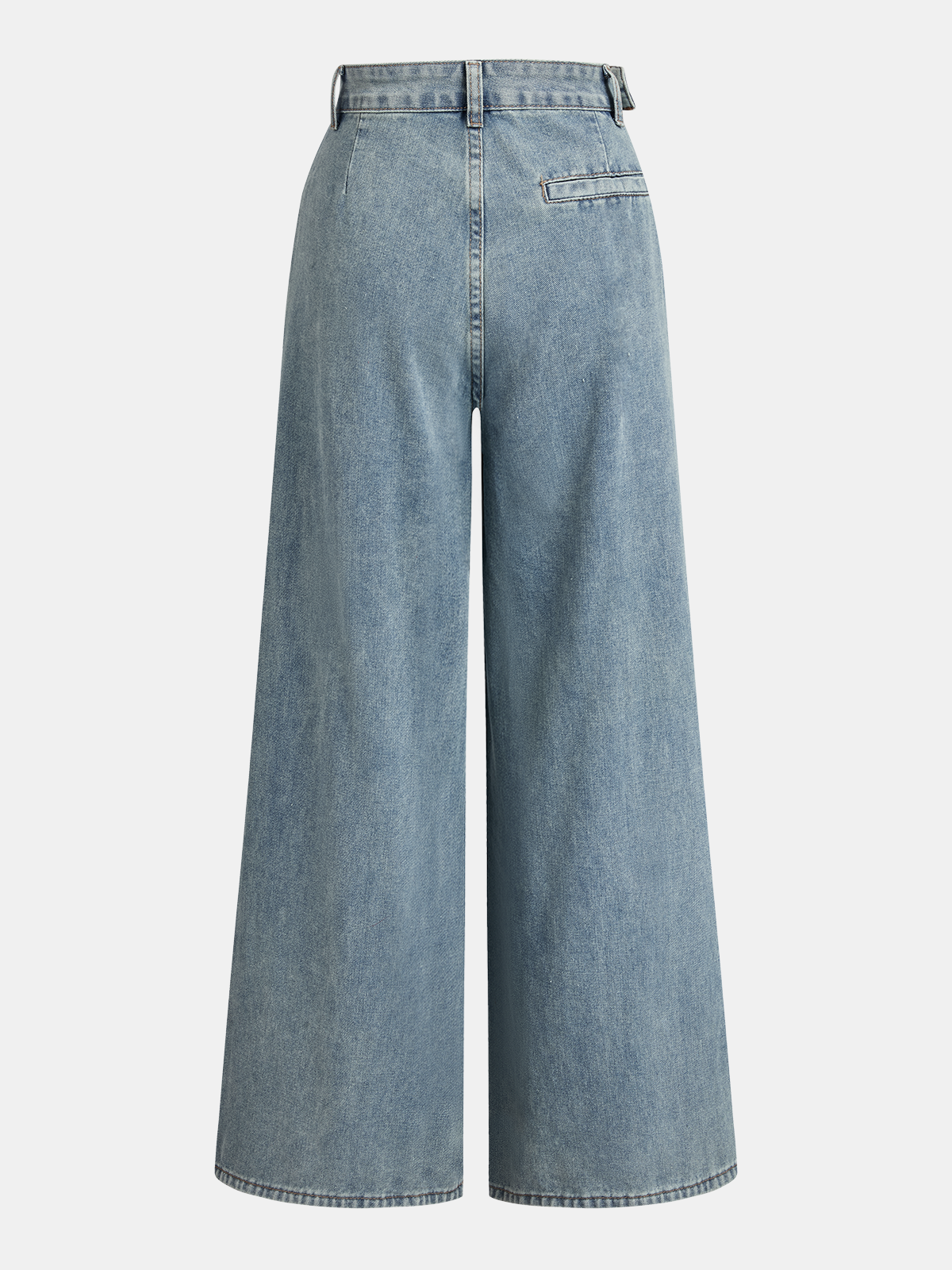 Ruched wide-leg jeans in light wash with high waist, asymmetrical cut, and single back pocket.