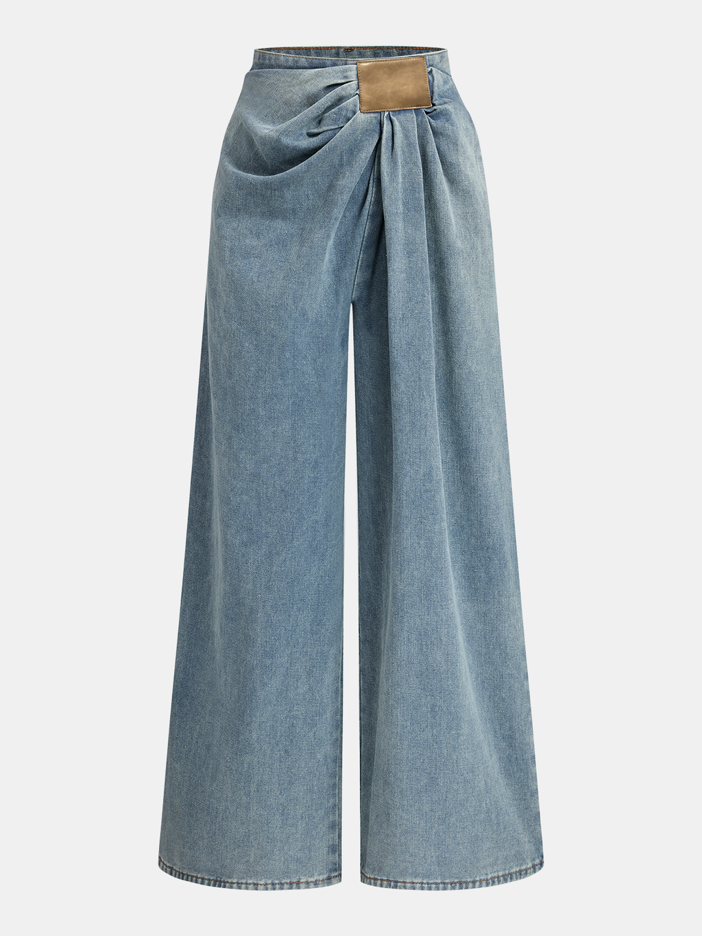 Ruched wide-leg jeans with an asymmetrical, draped front and tan leather waistband patch.