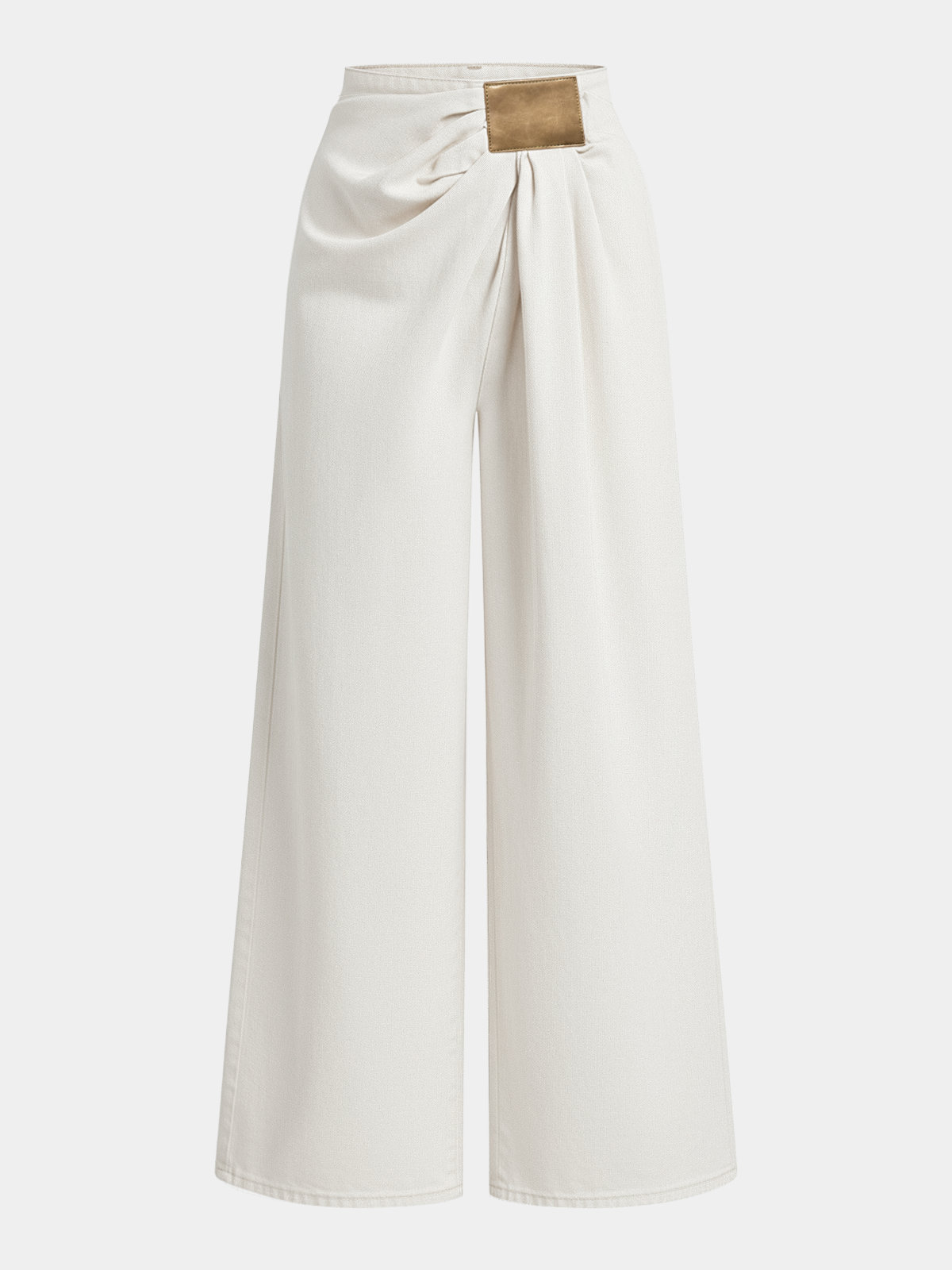 Ruched wide-leg jeans in cream denim with asymmetric design and gold buckle draped waist.