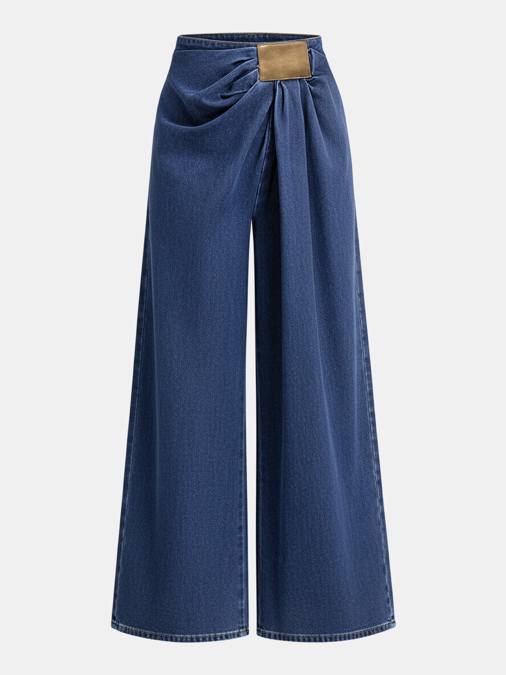 Ruched wide-leg jeans with asymmetrical design and gold buckle at the gathered waistband.