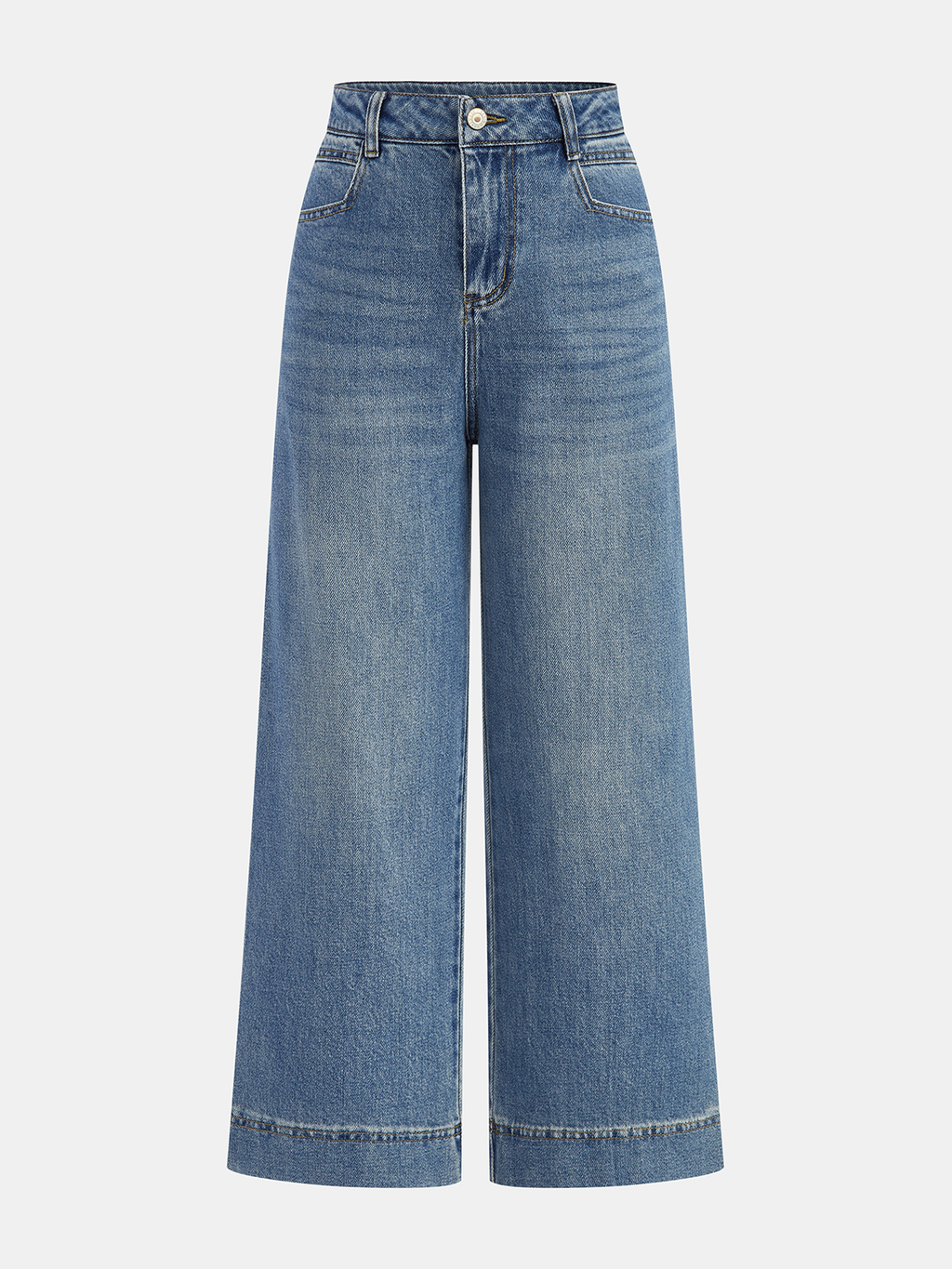 High-rise wide-leg denim jeans with visible seams, front and back pockets, button closure.