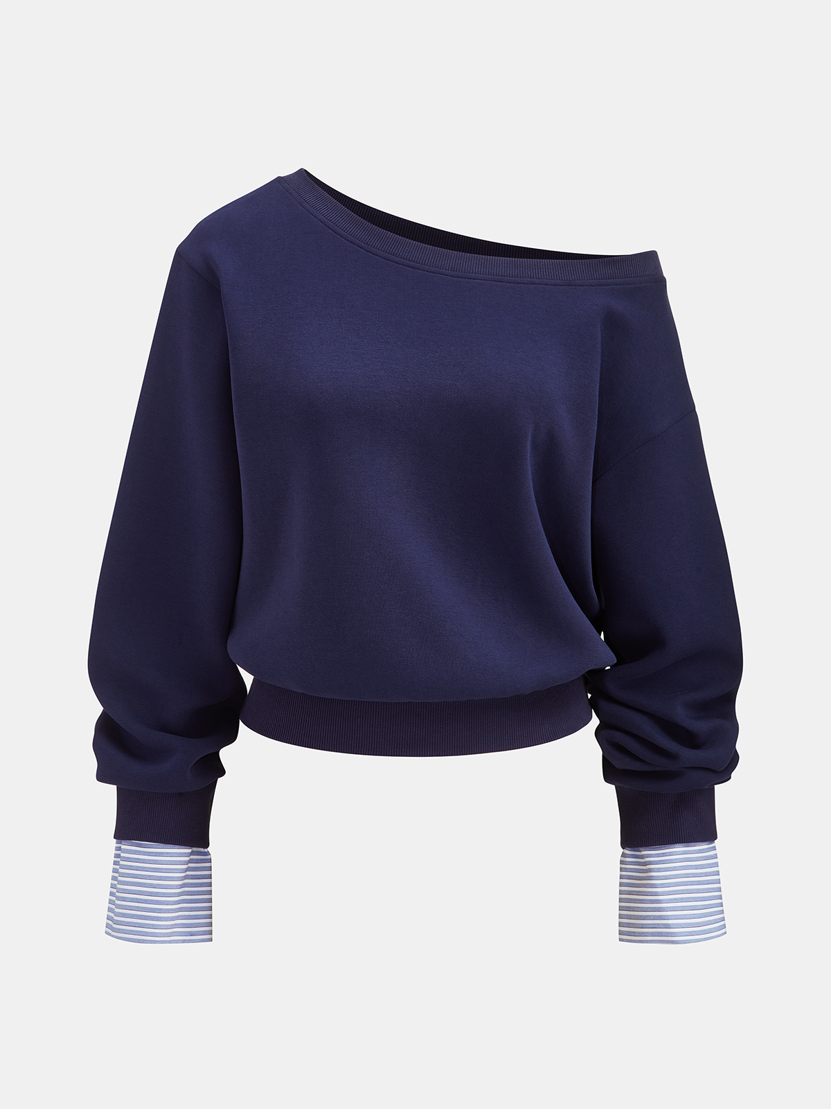 Off-shoulder navy blue sweatshirt with striped cuffs, ribbed waistband, and long sleeves.