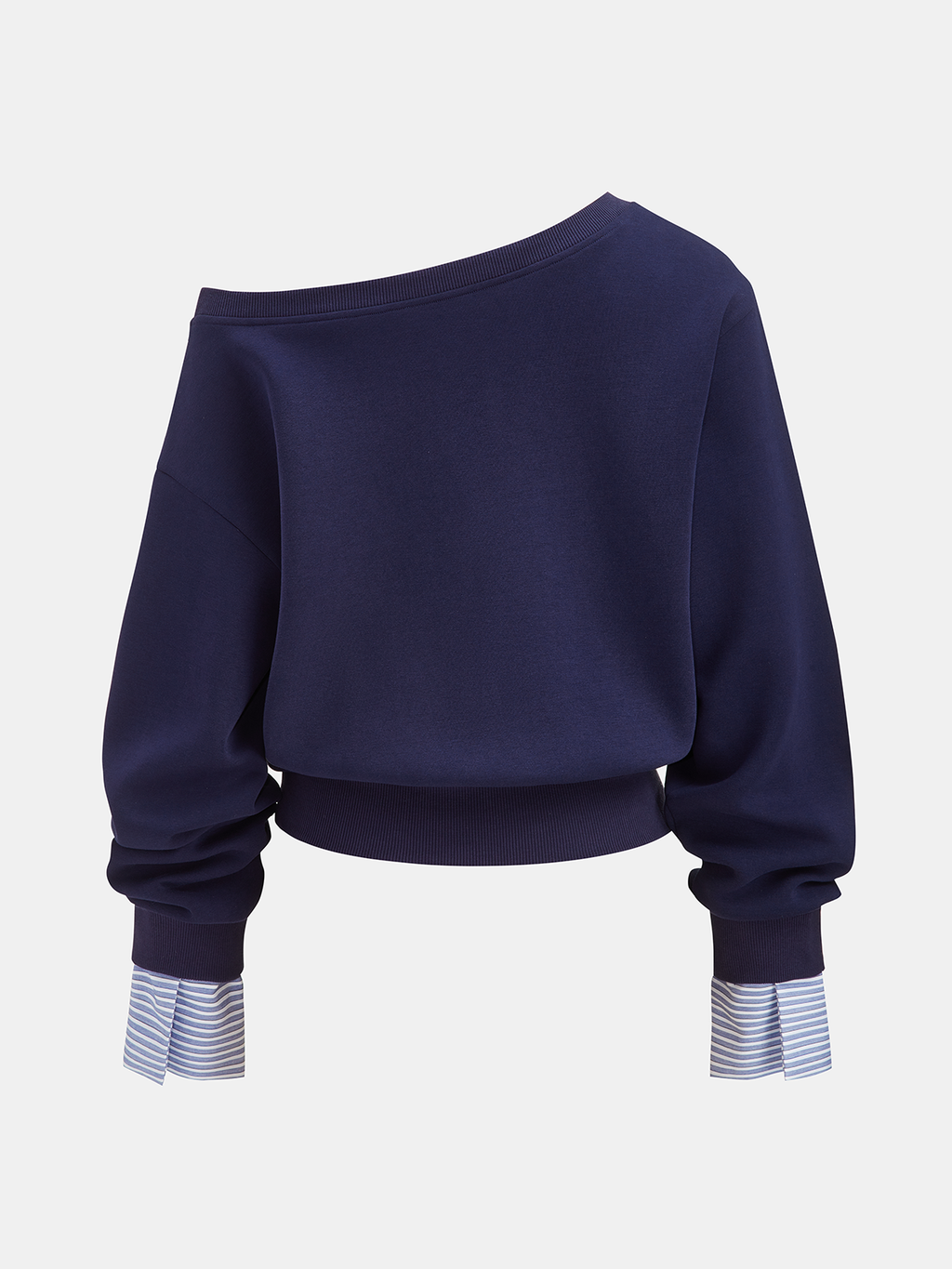Navy blue off-shoulder sweatshirt with blue-and-white striped shirt cuffs and long sleeves.